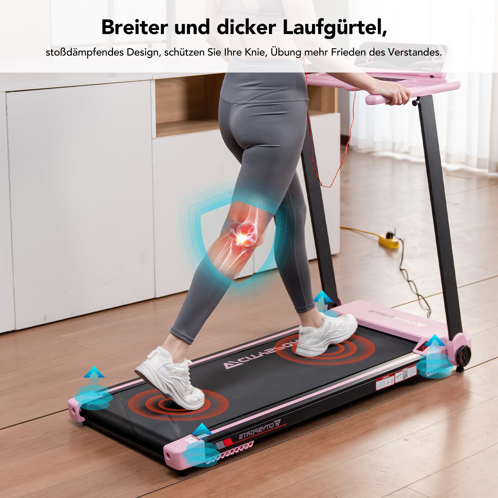 CITYSPORTS Elektrisches Laufband,Klappbares Laufband für Zuhause bis 12 km/h,mit LED-Anzeige,APP und 360° Tablet Holder,kompakte Walking Pad für Zuhause und Büro (Pink)