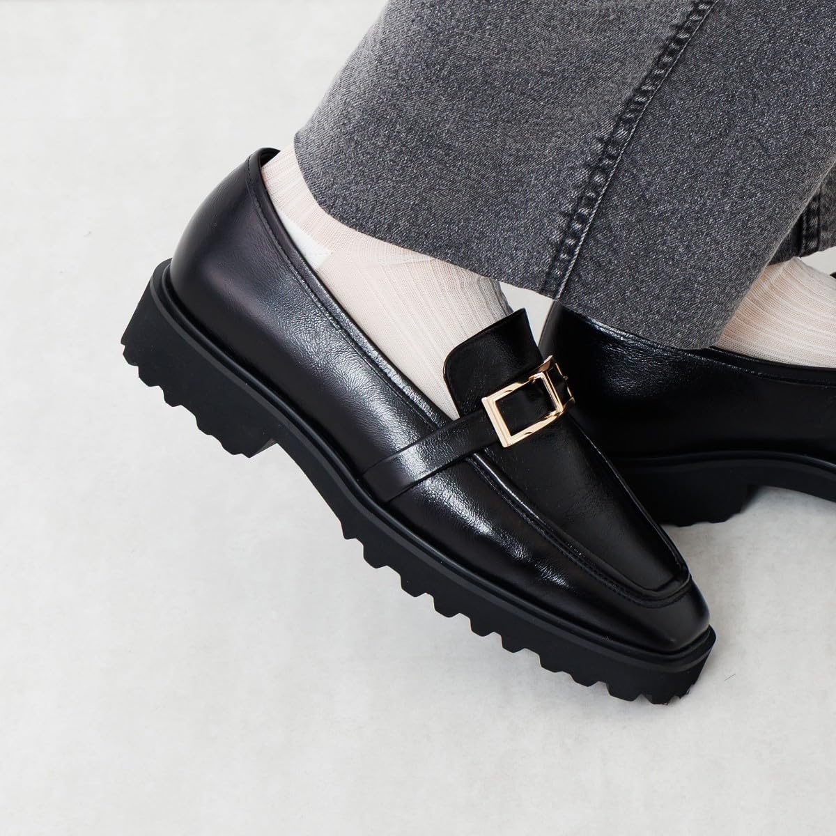 [ヒミコ] ローファー 本革 マニッシュ 厚底 クッション 日本製 HIMIKO ヒミコ 卑弥呼 トラックソールスクエアバックルロー