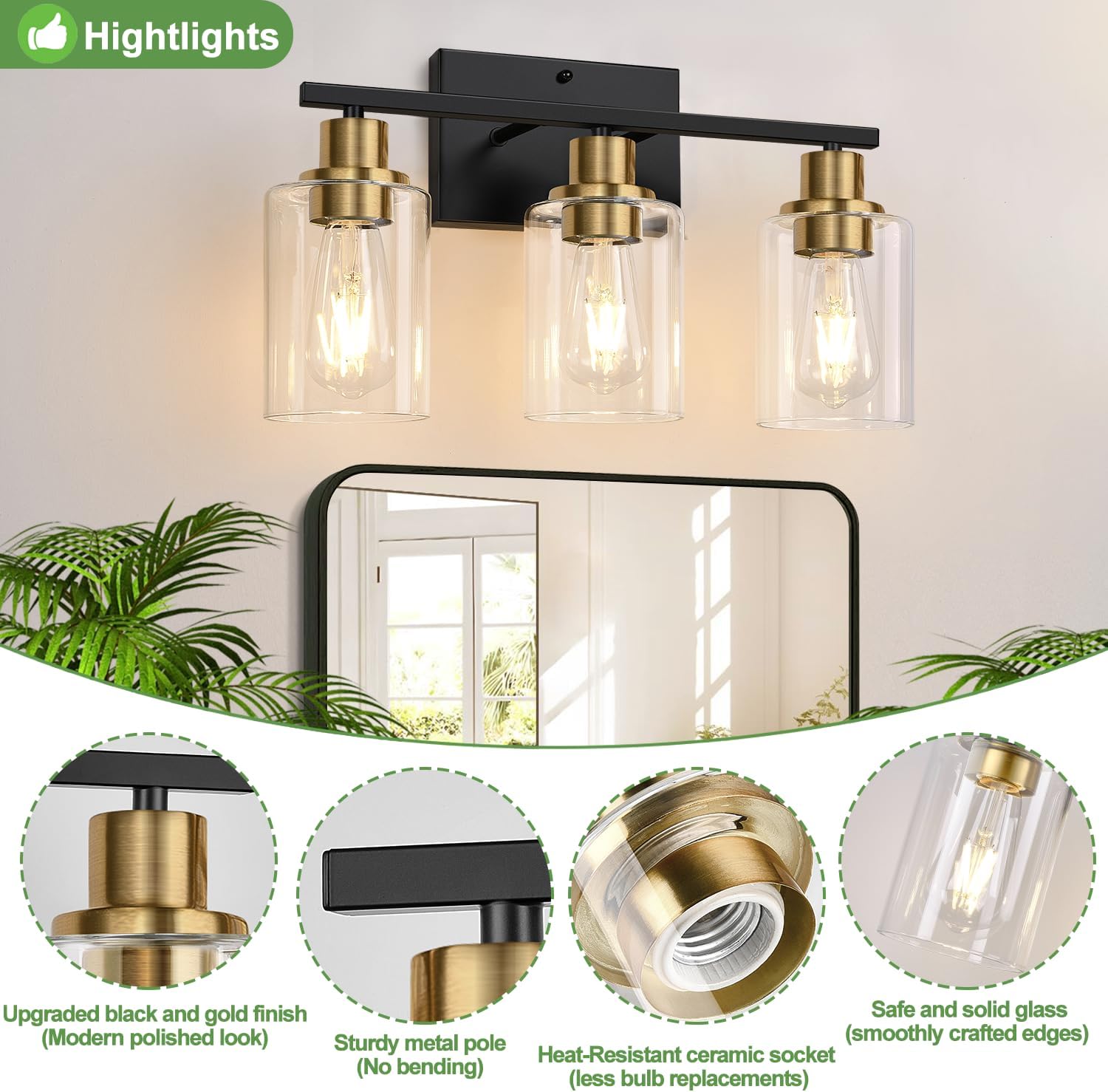 Indoi 3-Light Bathroom Light Fixtures, Black and Gold Modern Vanity Lights with Clear Glass Shades, Bathroom Wall Lamp for Mirror Living Room Cabinet Bedroom Porch