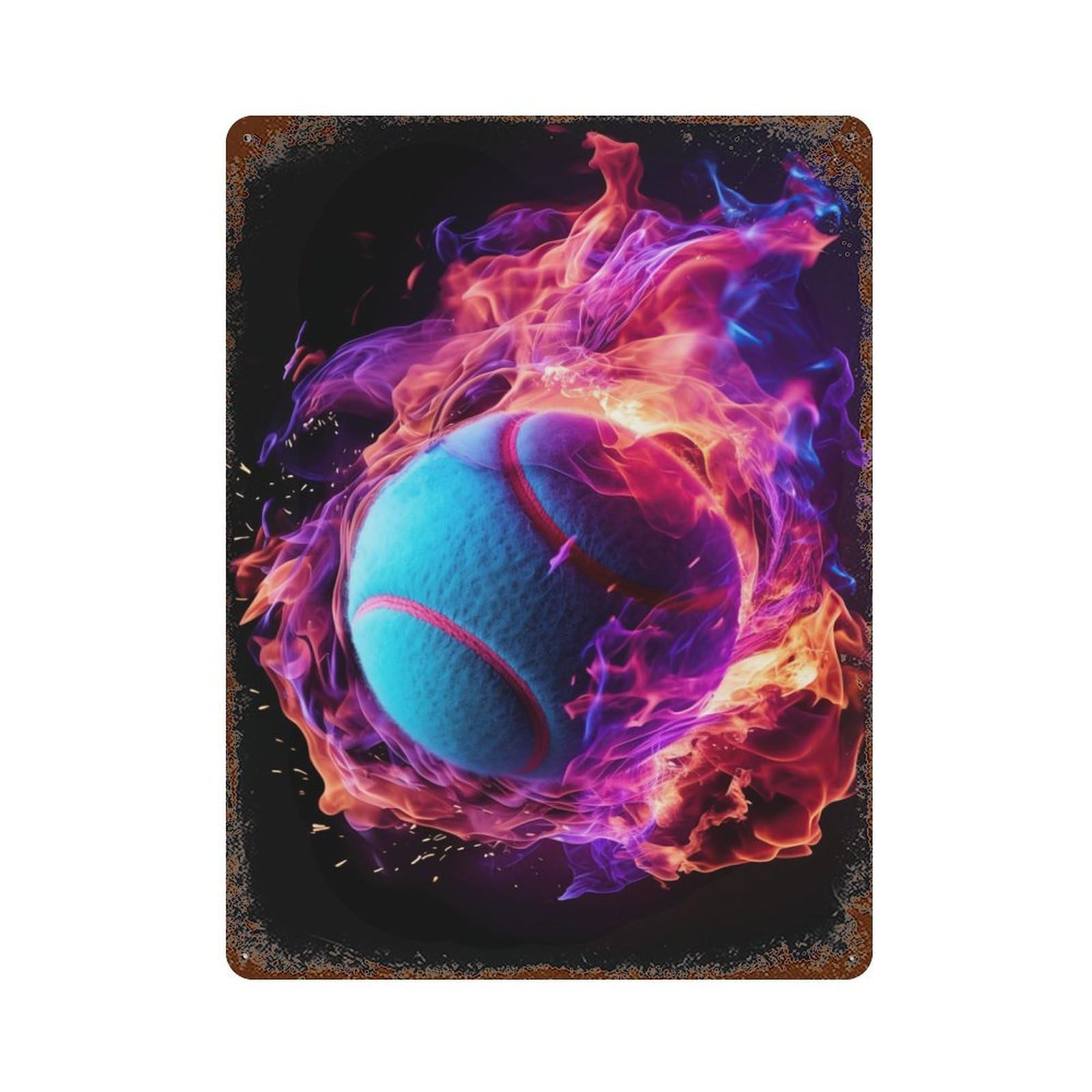 Decorative Tin Sign with Flame Engulfed Tennis Ball Design 15.7"x11.8", for Basement, Hobby Room And Garage Decor, Rustic Home Decor