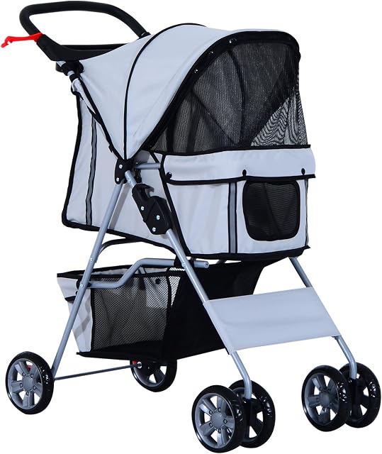 PawHut Pet Stroller for Small Dogs Cats Foldable Travel Carriage with Wheels Zipper Entry Cup Holder Storage Basket Grey