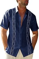 Runcati Men's Short Sleeve Guayabera Shirt Linen Cotton Mexican Embroidered Cuban Wedding Beach Top