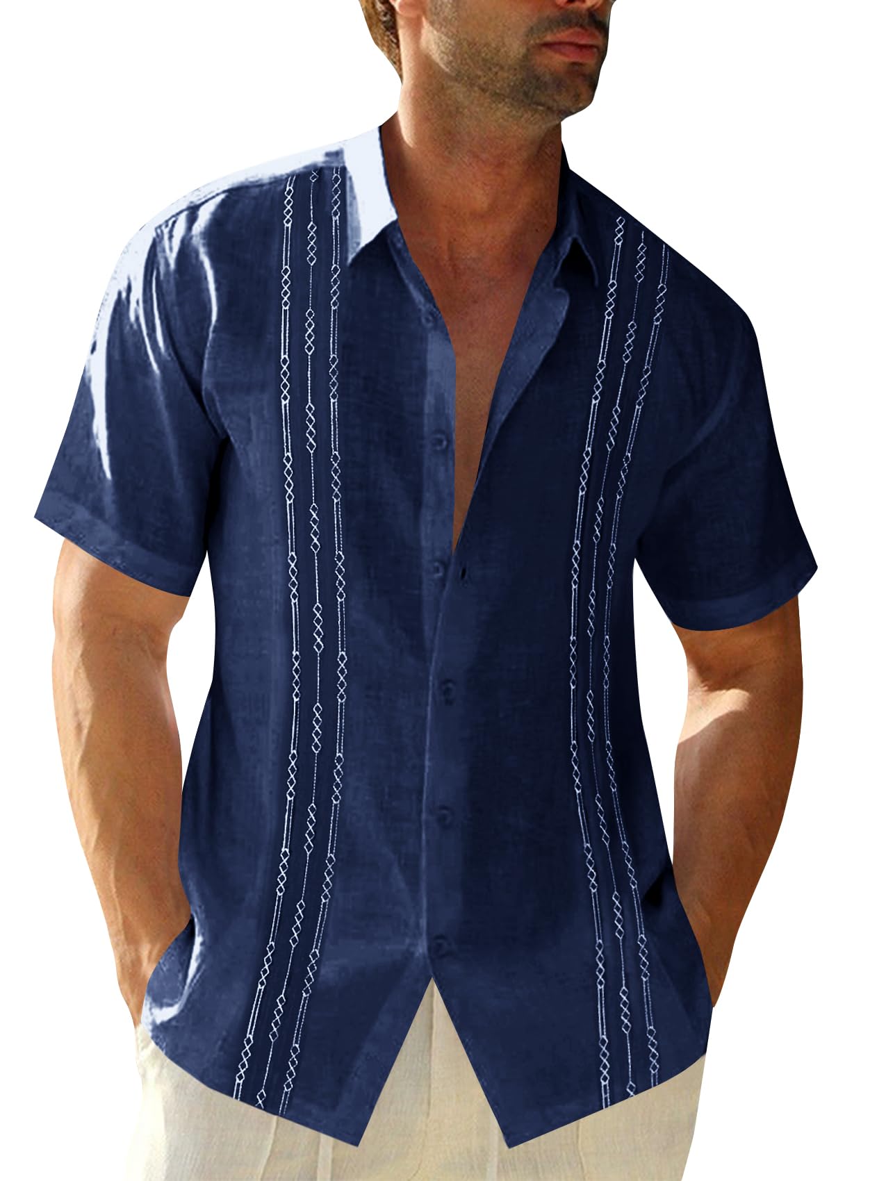 Runcati Mens Short Sleeve Guayabera Shirts Linen Cotton Button Down Mexican Embroidered Cuban Wedding Shirt Summer Beach Tops