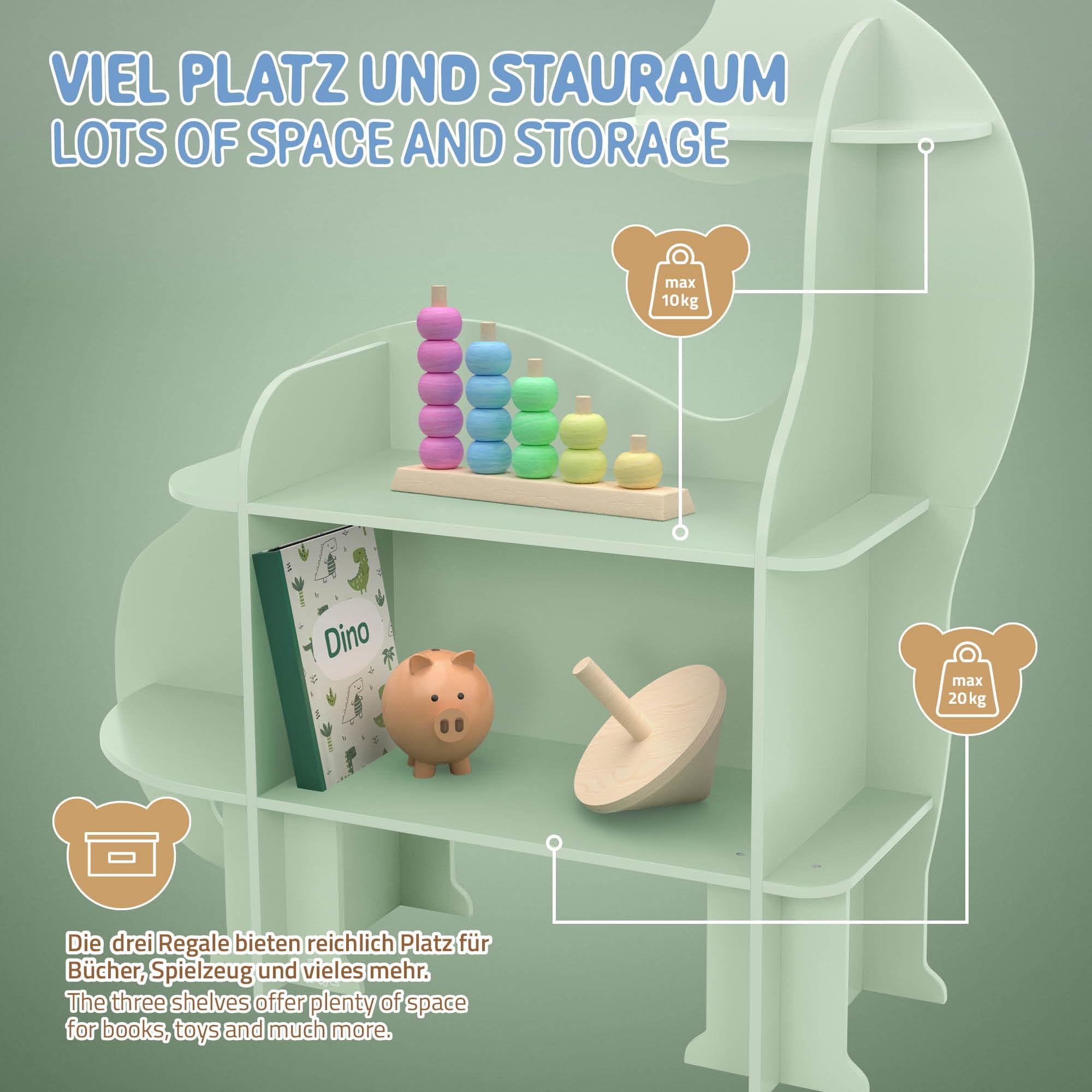 Joyz Étagère pour Enfants 3 Niveaux, Dinosaure, Étagère à Jouets en Bois avec Compartiments Ouverts, 110x31x110 cm, Étagère Murale à Livres, Meuble de Rangement pour Chambre d'enfant