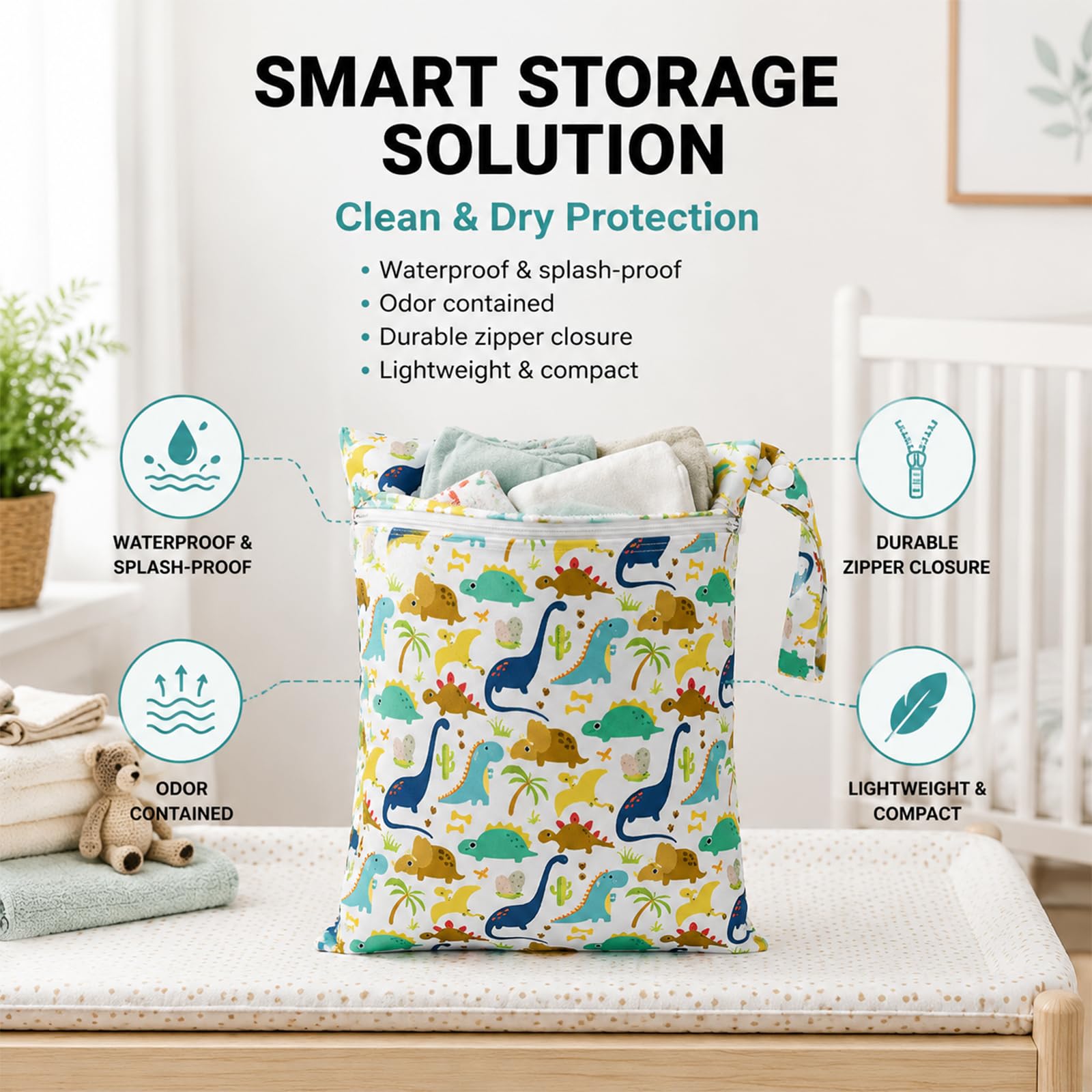 Set da 3 Wetbags con Dinosauri, Borse Impermeabili per Pannolini e Articoli bagnati per Bambini e Asilo, wetbag Portatile con Motivo Dolce di Dinosauri