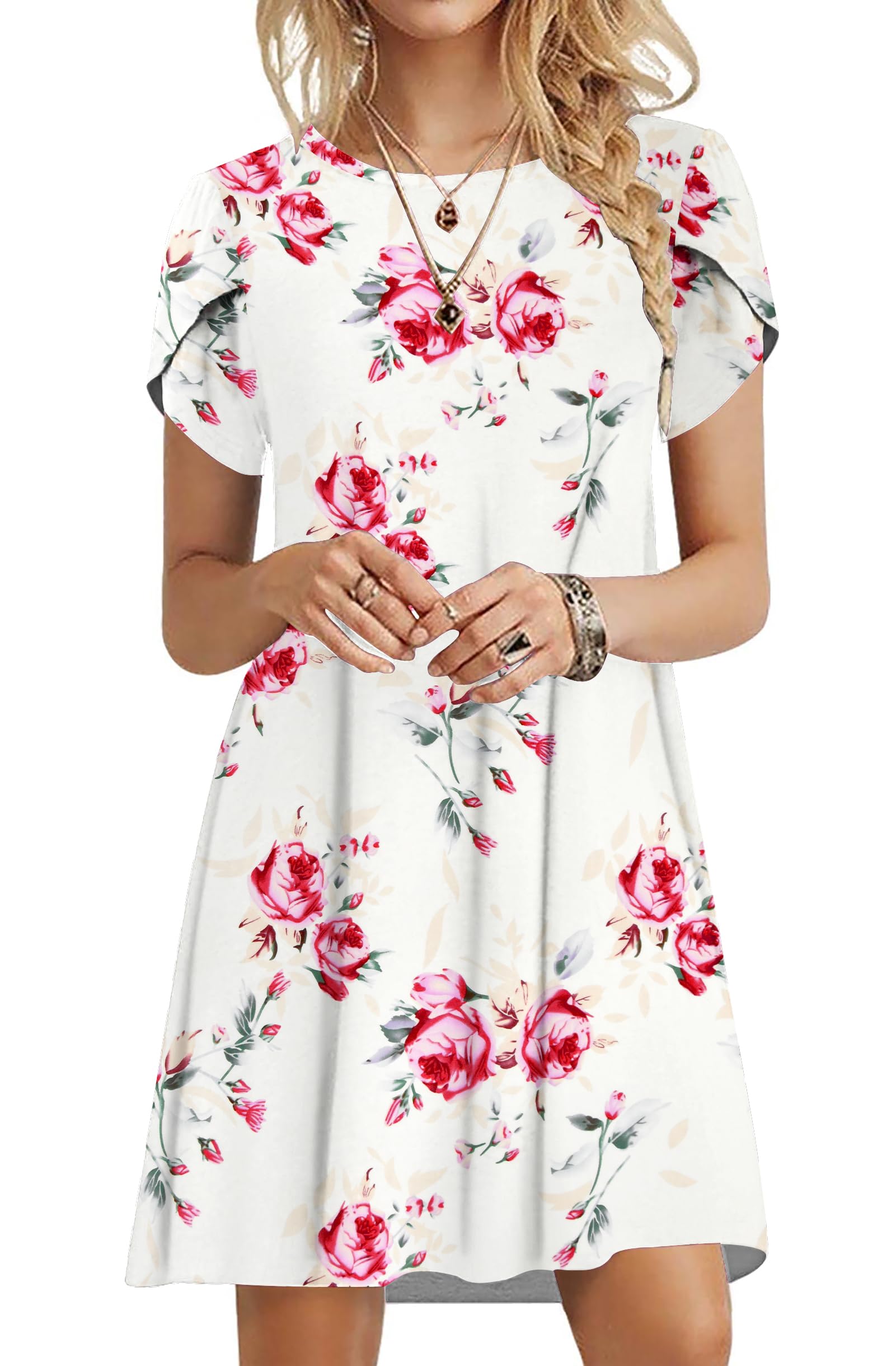 PLOKNRD Sommerkleid Damen Blütenblatt Ärmel T-Shirt Kleid Rundhals Blumenmuster Freizeitkleid Leicht und Luftig mit Taschen