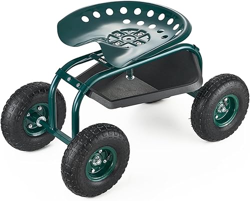 Miniatura 12 de VEVOR Carrito de jardín asiento de trabajo con ruedas, taburete de jardinería para plantar, asiento giratorio de 360 grados, scooter con mango