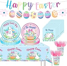 Easter Party Decorations Set, Bunny Easter Party Supplies with Banner, Plates, Napkins, Tablecloth, Cups and Forks, Pastel Easter Egg Theme Tableware Kit for 24 Guests Easter, 112