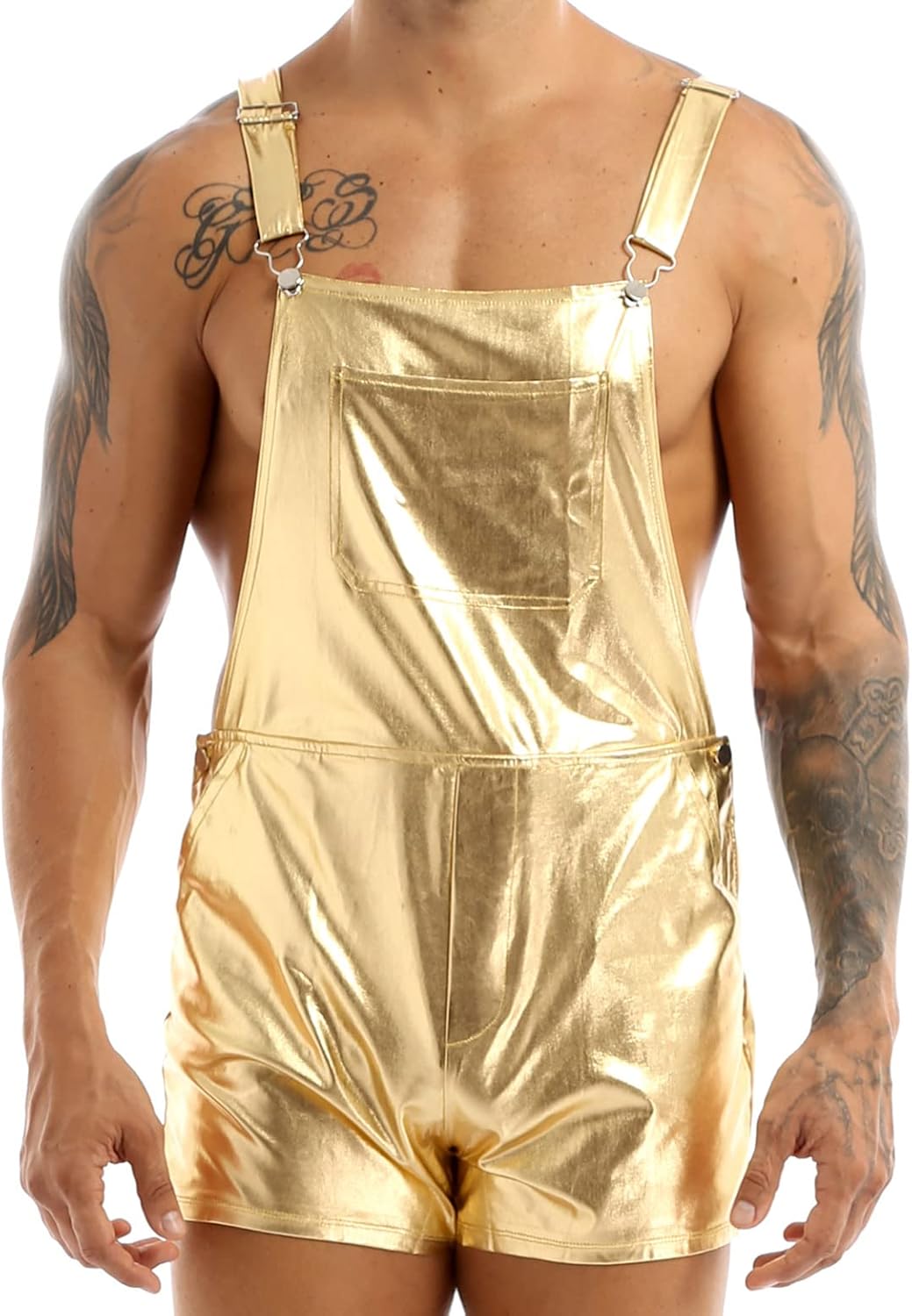 Alvivi Men's Shiny Metallic Suspender Boxer Shorts Dungarees Bib Overall Backless Jumpsuit Bodysuit