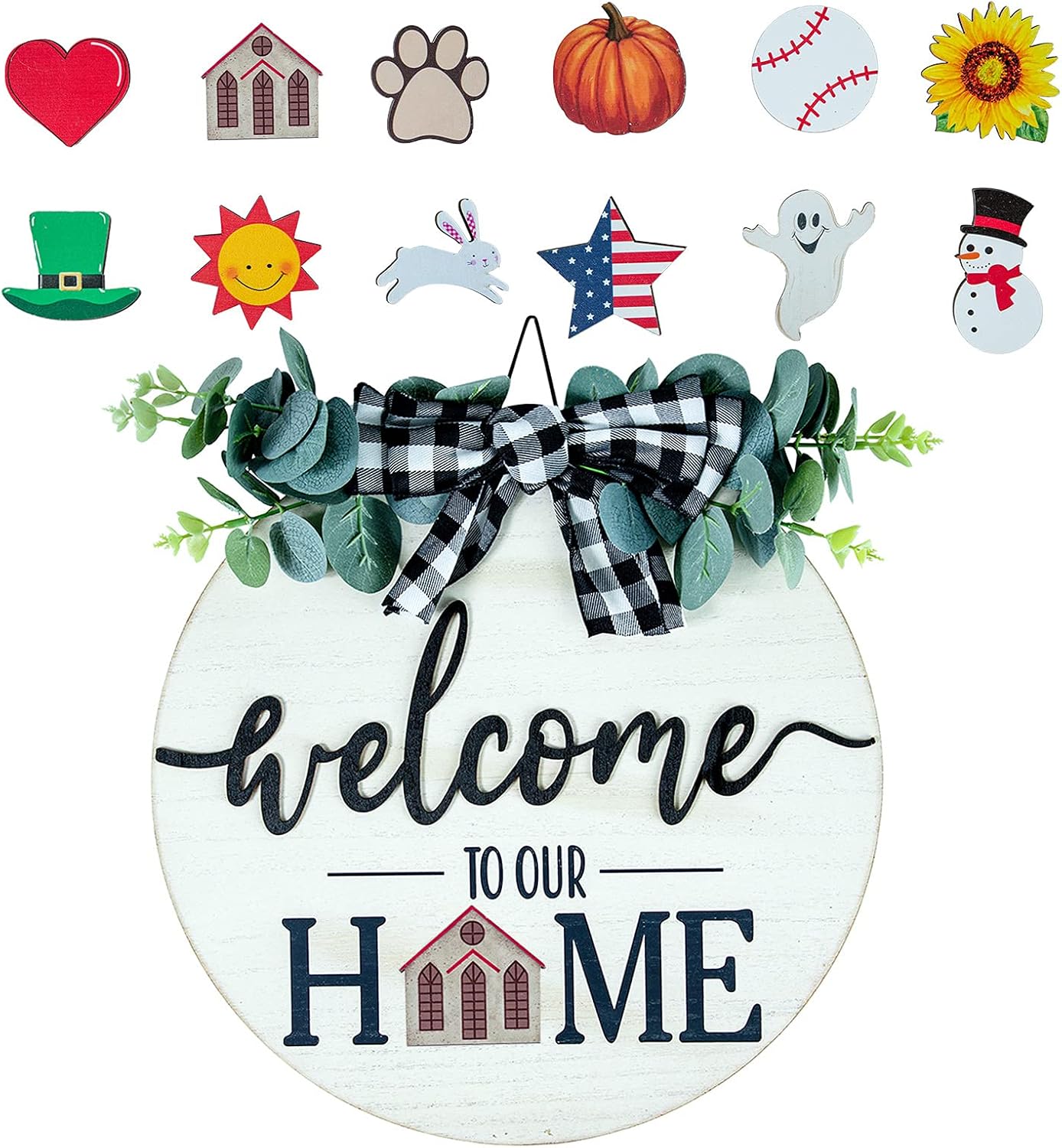 Qmpro Interchangeable Welcome Sign Extra Thick Front Door Porch Decor Farmhouse Wreath Seasonal Rustic Wood Home Sign for Festival Decoration 12"x12" White