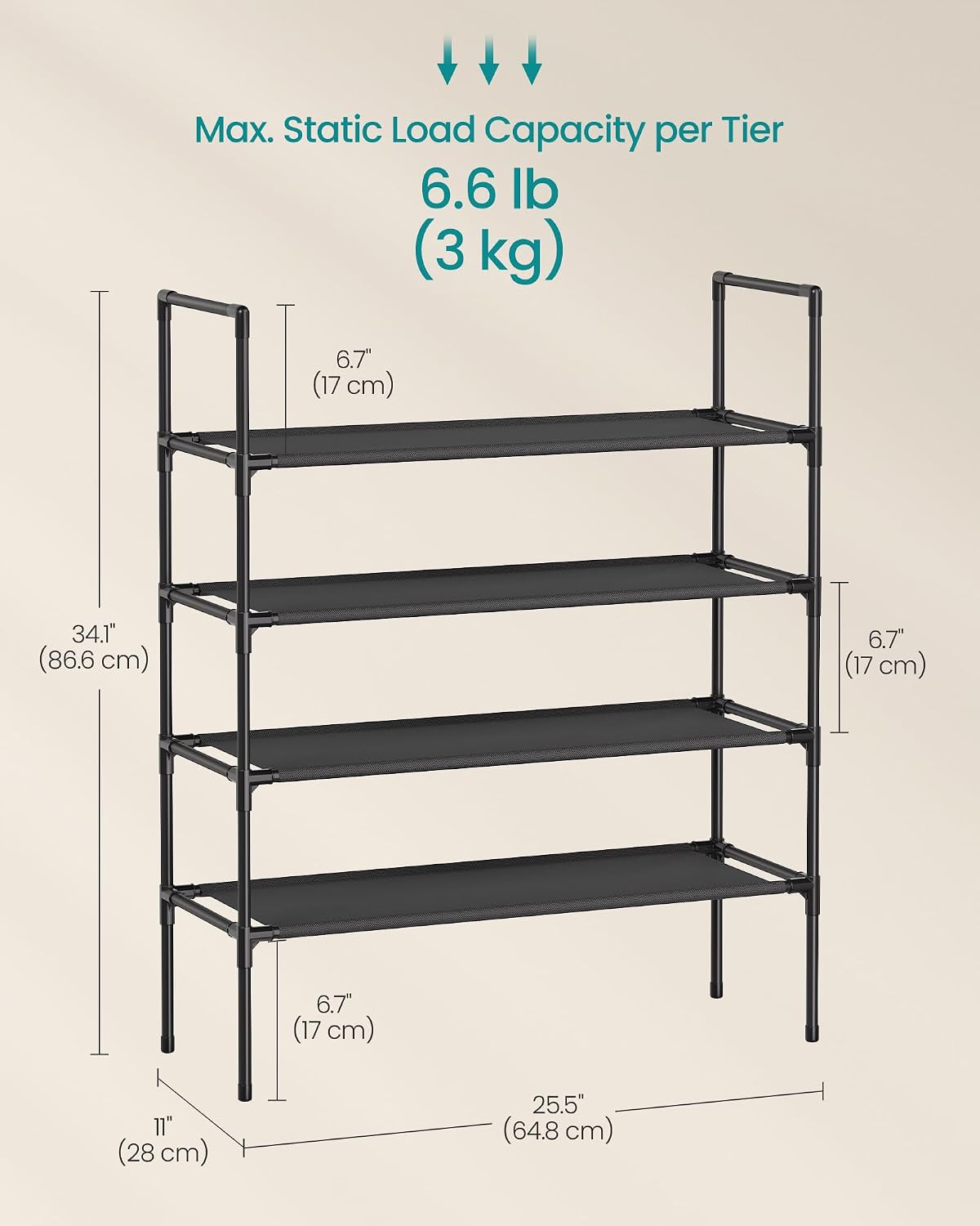 songmics 4-tier shoe rack, shoe storage for hallway closet, slim and space-saving, metal frame, non-woven fabric shelves, black ulsh044bh02