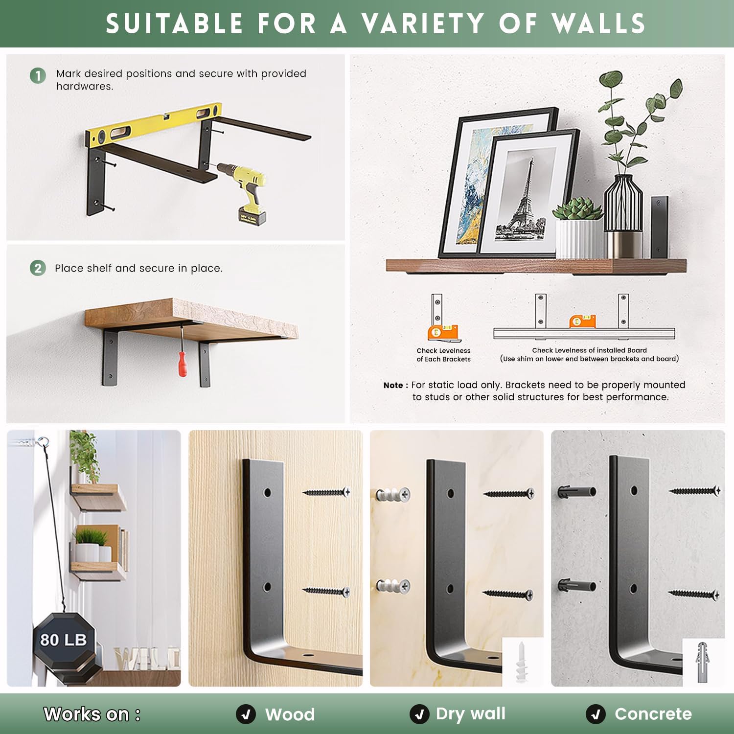 Shelf Brackets Heavy Duty 14 Inch Black L Brackets for Shelves 6 Pack 5mm Thick Wall Mounting Floating Metal Iron Shelf Support for Wood with Screw