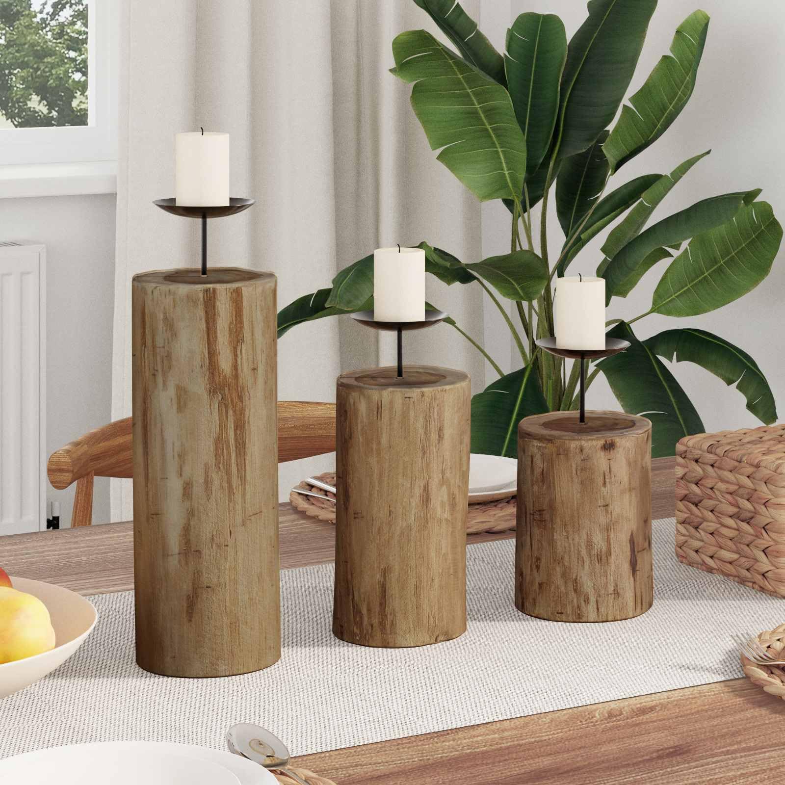 Kerzenhalter Set aus massivem Teakholz Natur, 3 Stück für Stabkerzen und Säulenkerzen, mit Maßen 12x12x29 12x12x20 12x12x15 cm, für Tischdeko im Wohnzimmer