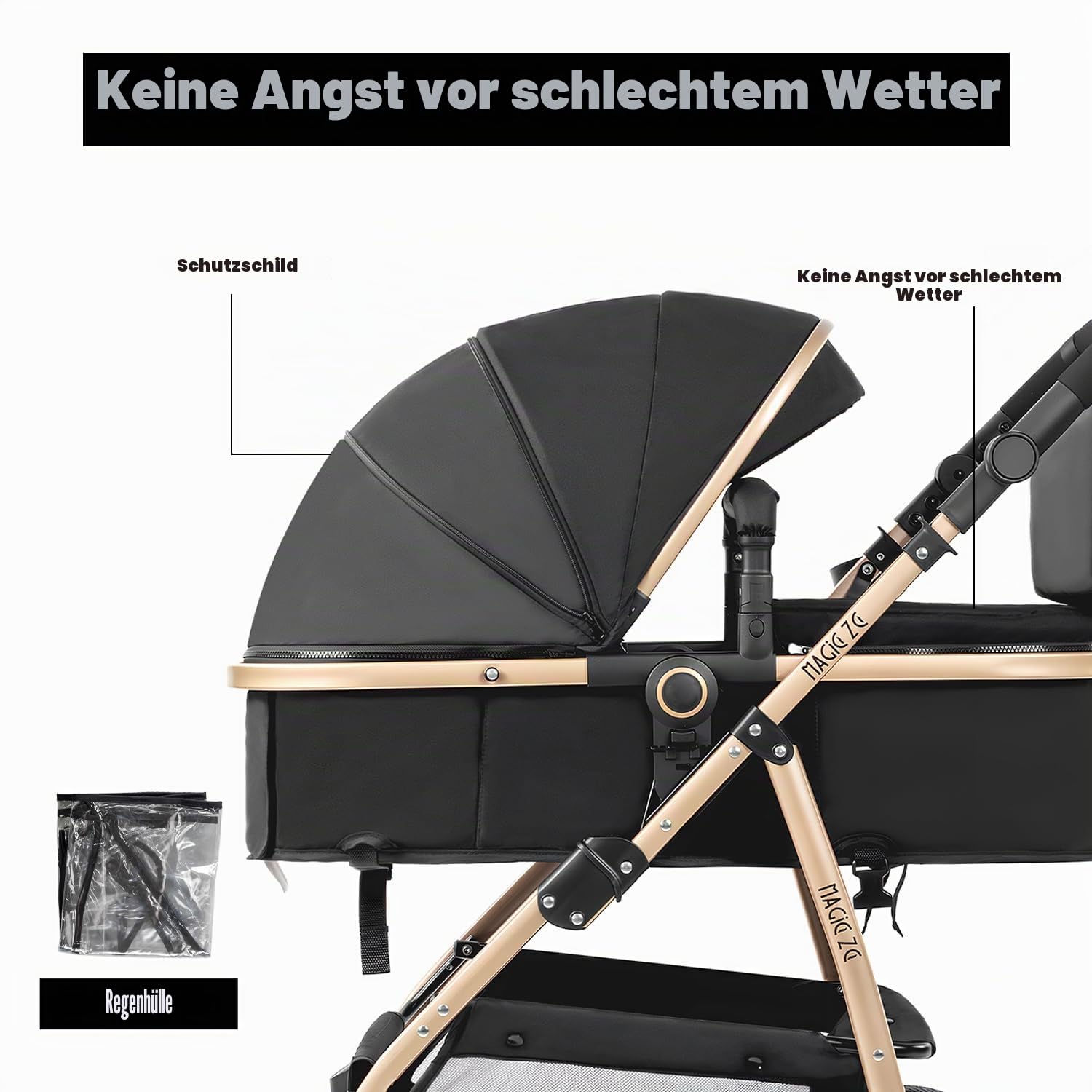3 in 1 Kinderwagen, Liege- und Wendbarer Reisesysteme Buggy, 3-teiliger One-Click-Klappkinderwagen, Babywagen mit Komplettem Zubehör und Doppelbremsen (V8 BlackGold)