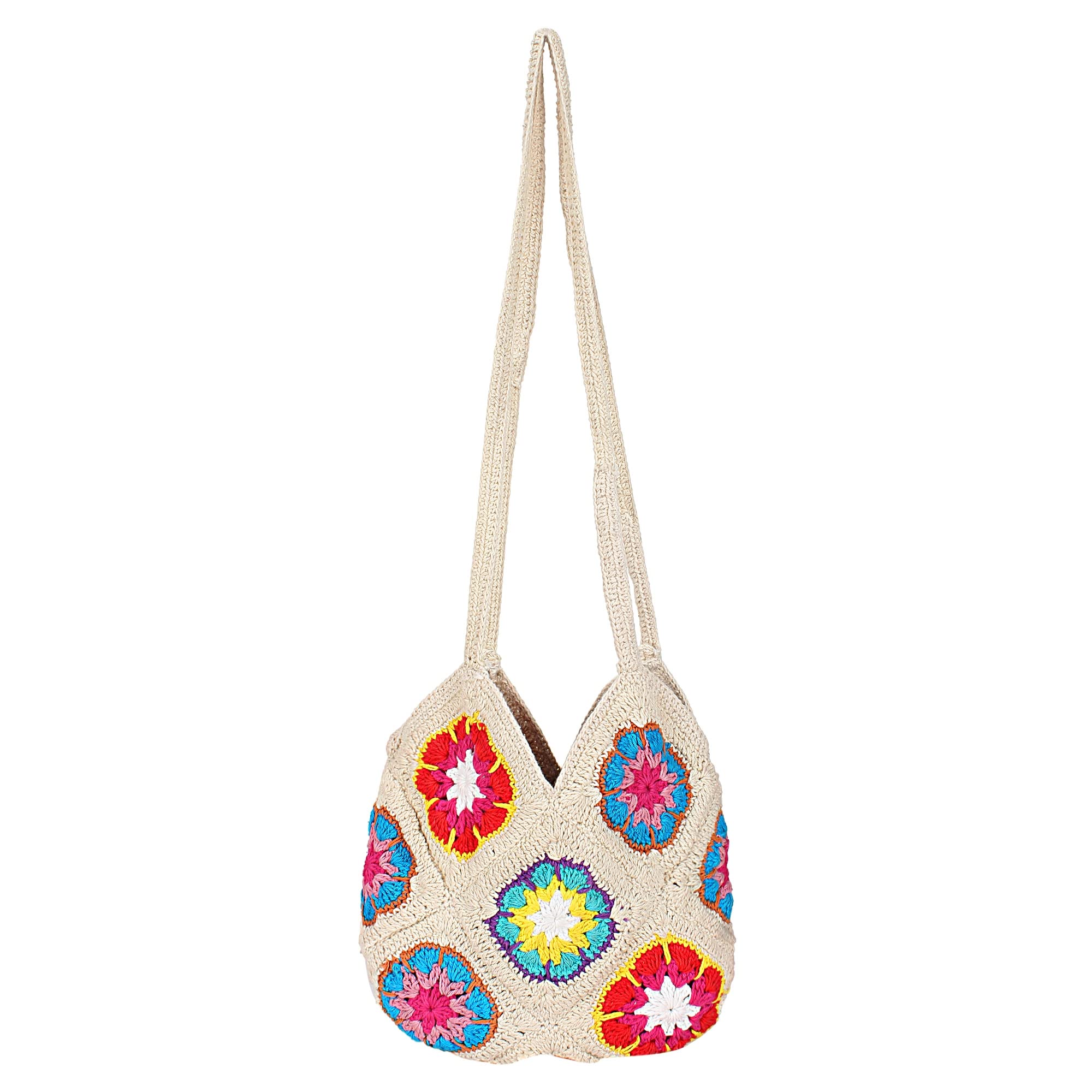Trend Overseas Handmade Crochet Ivory Multicolour Flower Straw Bag Travel Beach Fishing Net Handbag Shopping Woven Shoulder Bag for Women (B09RVX835F) Amazon Price History, Amazon Price Tracker