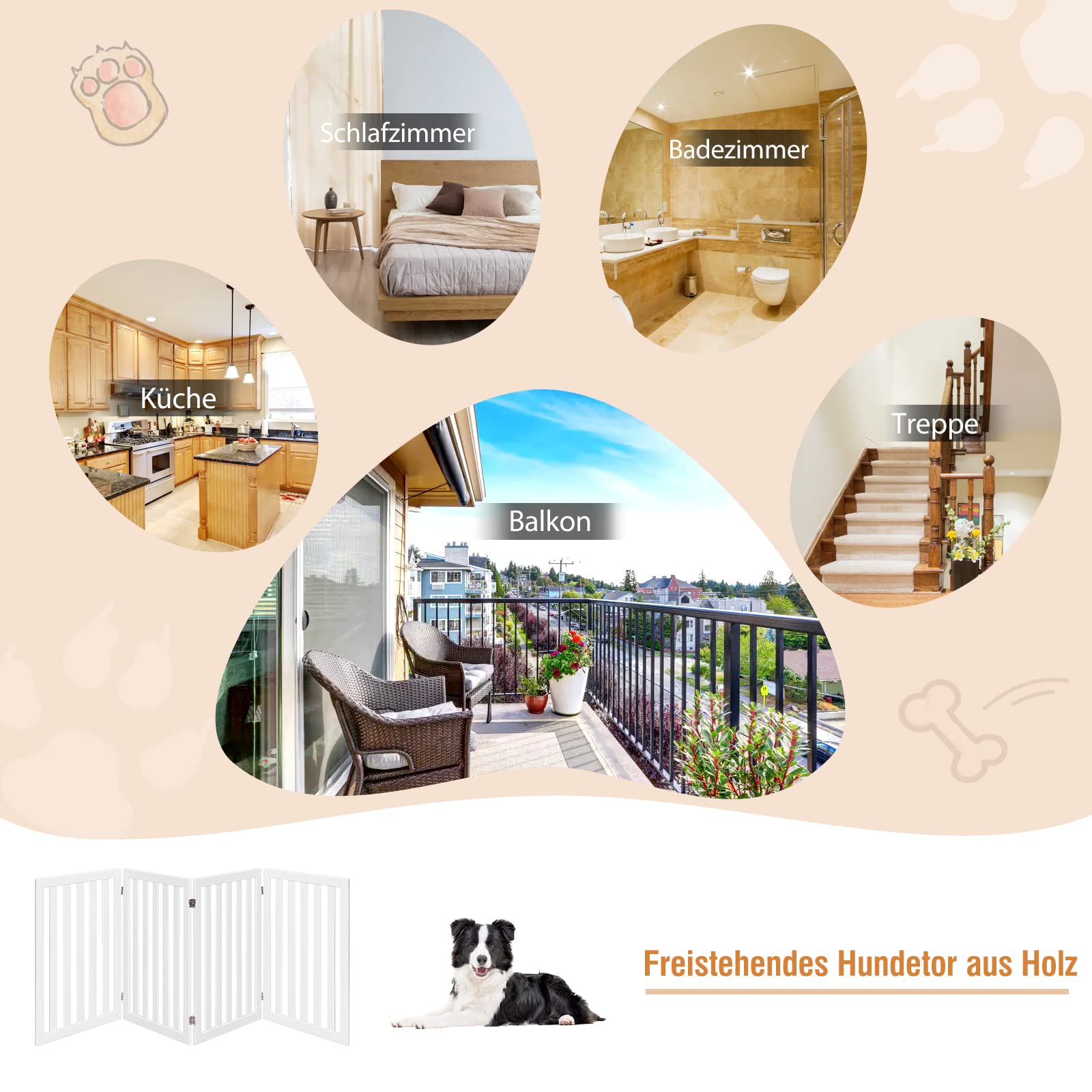 COSTWAY Absperrgitter Hunde 89cm Hoch, 4 Paneelen Schutzgitter Holz, Kindergitter klappbar, Treppengitter Hundeabsperrgitter flexibel Türschutzgitter (Weiß)