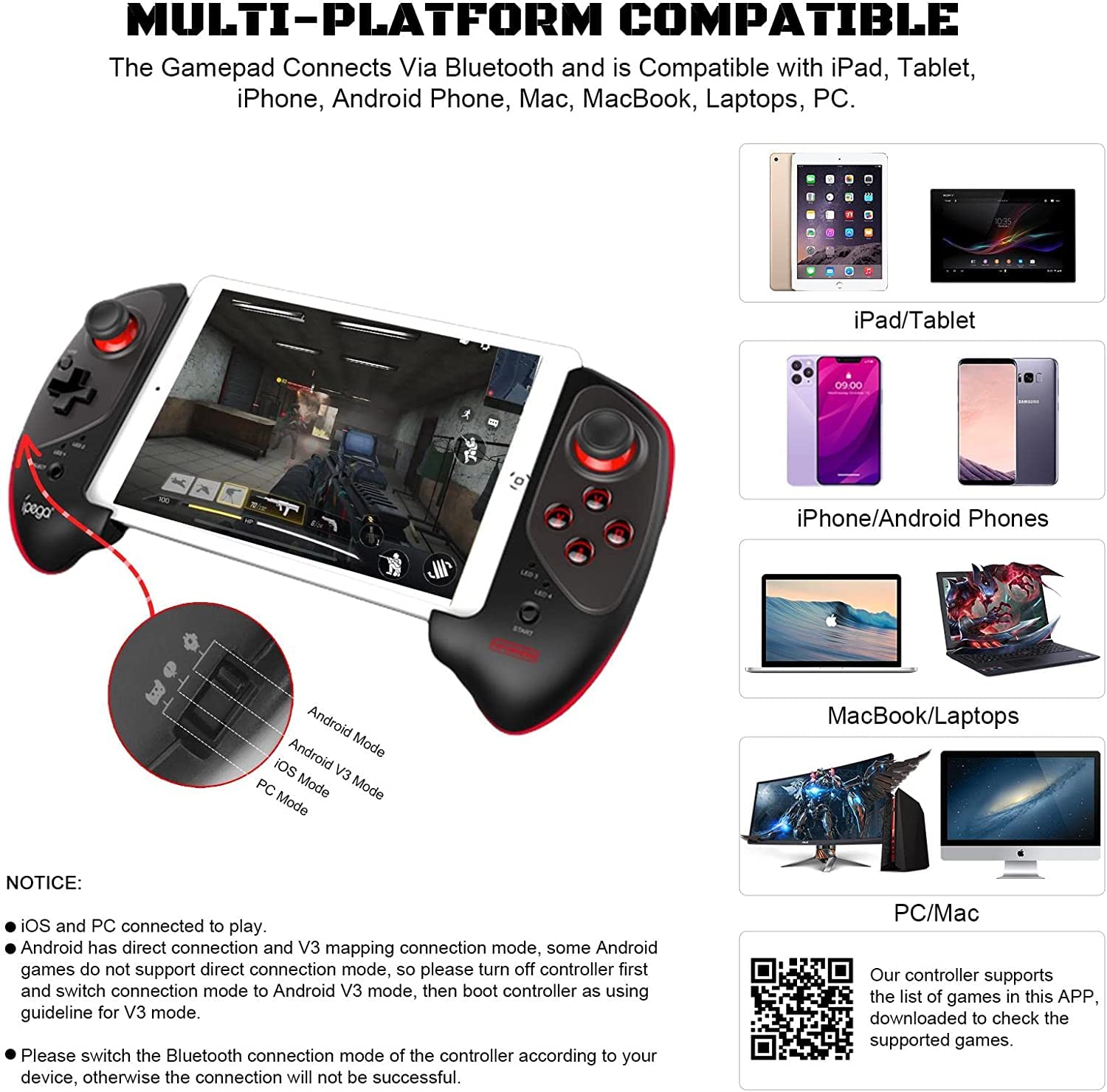 Manette de jeu mobile pour iPhone, Samsung, tablette, Arvin Bluetooth pour Android, elescopique (≤ 11") Joystick pour iPad, Xiaomi, Huawei, Oppo, Realme, Motorola-Call Of Duty Mobile