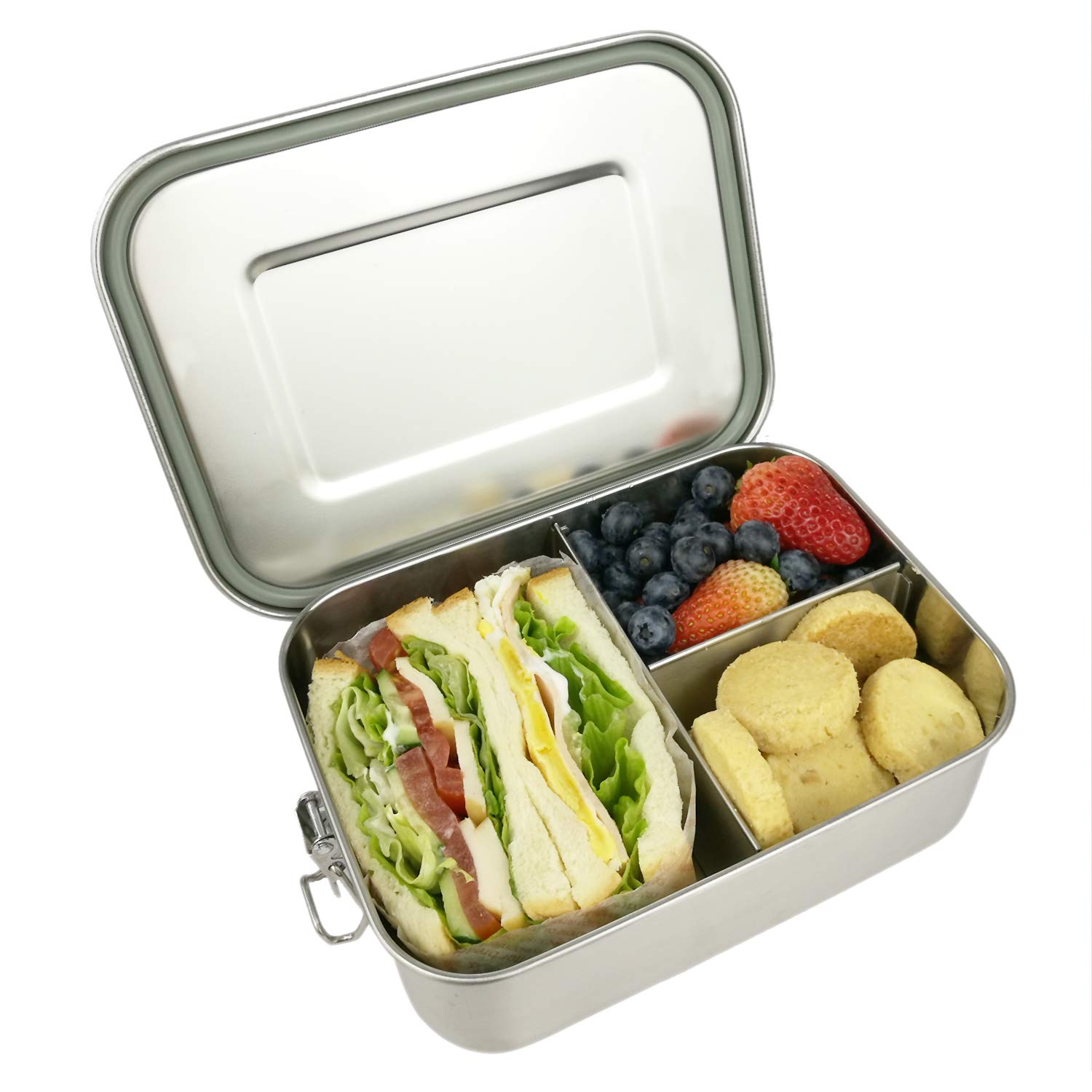 Everusely - Boîte à Bento Pour Enfants - Sauge - 1,4 L - Boîte à Lunch En Acier Inoxydable Avec Récipient à Condiments étanche - Boîte à Goûter à 3 Compartiments