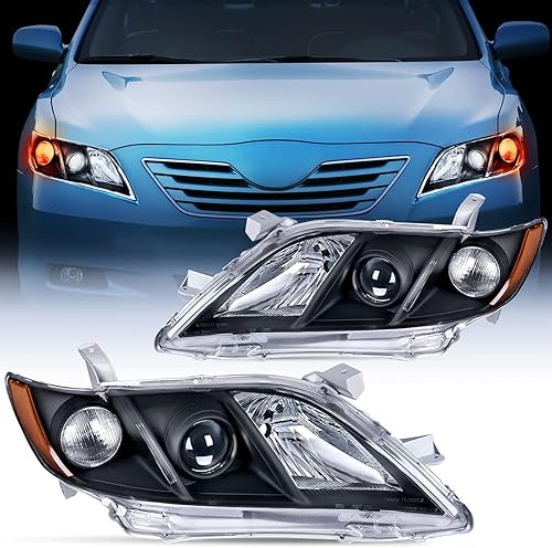 Nilight - Conjunto de faros delanteros compatible con Toyota Camry 2007 2008 2009, reemplazo de faros, carcasa negra, reflector ámbar, lado del