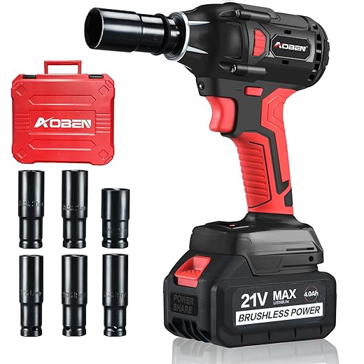 AOBEN 21V Cordless Impact Wrench 1/2 inch , Powerful Brushless Motor , Max 300 Torque ft-lbs (400N.m), 4.0A Li-ion Battery, 6Pcs Driver Impact Sockets, Fast Charger and Tool Bag