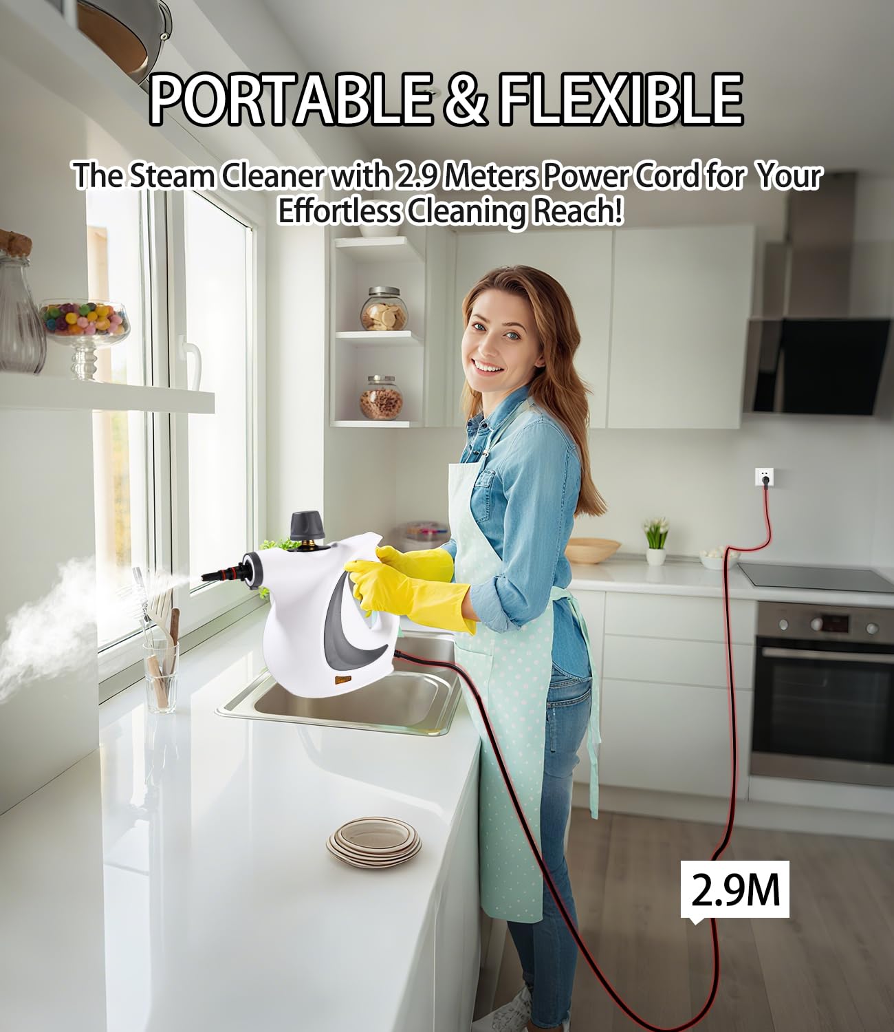 Nettoyeur à Vapeur Portable, 1050 W Nettoyant Vapeur à Main avec 12 Accessoires, 3,2 bars, Multi-Usage Steam Cleaner, Pour Canapé Tapis Matelas Meuble Voiture Cuisine Salle de Bain Sol Fenetre