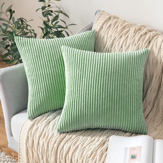 MIULEE Set of 2 Striped Corduroy Square Throw Pillow Case Soft Cushion Covers Sham Home for Sofa Couch/Bedroom Decorative Fluffy Large Pillowcases 16x16 Inch 40x40cm Pea Green