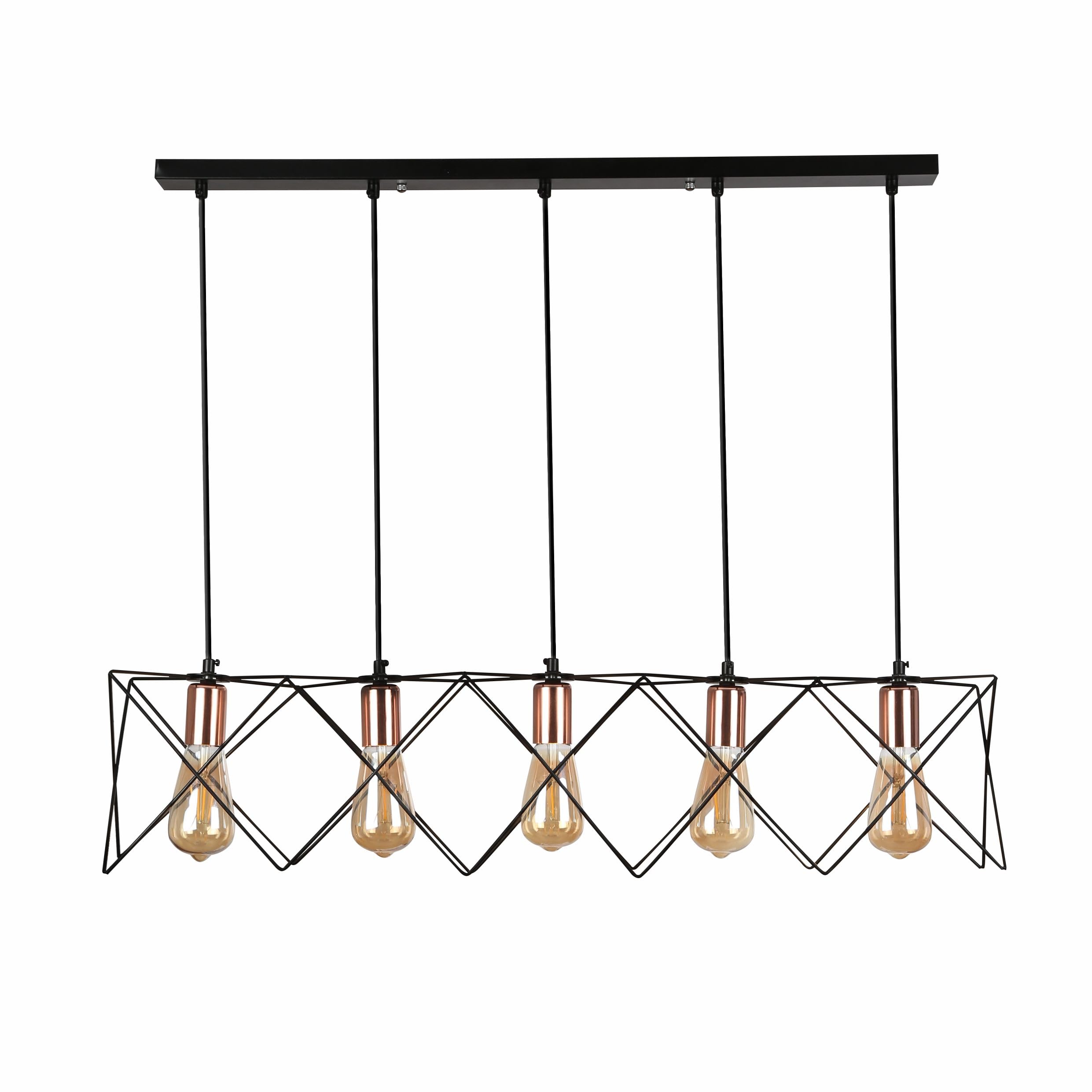 Tekled Black, Gold Star Cage Pendant Light With Rose Gold Accent And Black Metal Frame | E27 Hanging Length Adjustable Lighting Fixture | For Living Rooms Kitchen Islands Bars Cafes | 5 Lamp (Bulb Not Included)