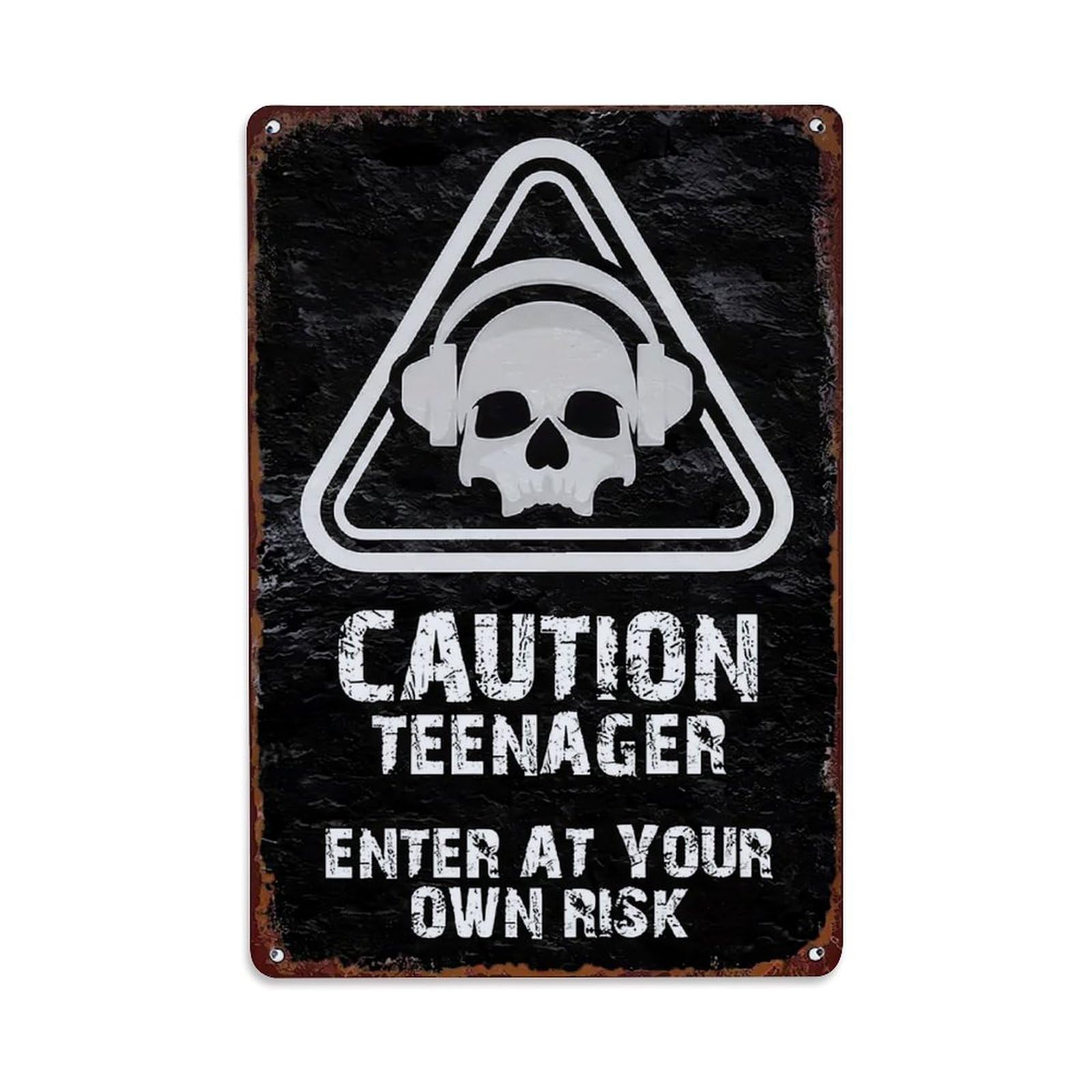 Skull With Headphones Warning Sign Retro Metal Tin Sign, Vintage Decor Art Poster for Bar, Home, Man Cave, Kitchen, Laundry Room Gift 8x12Inch