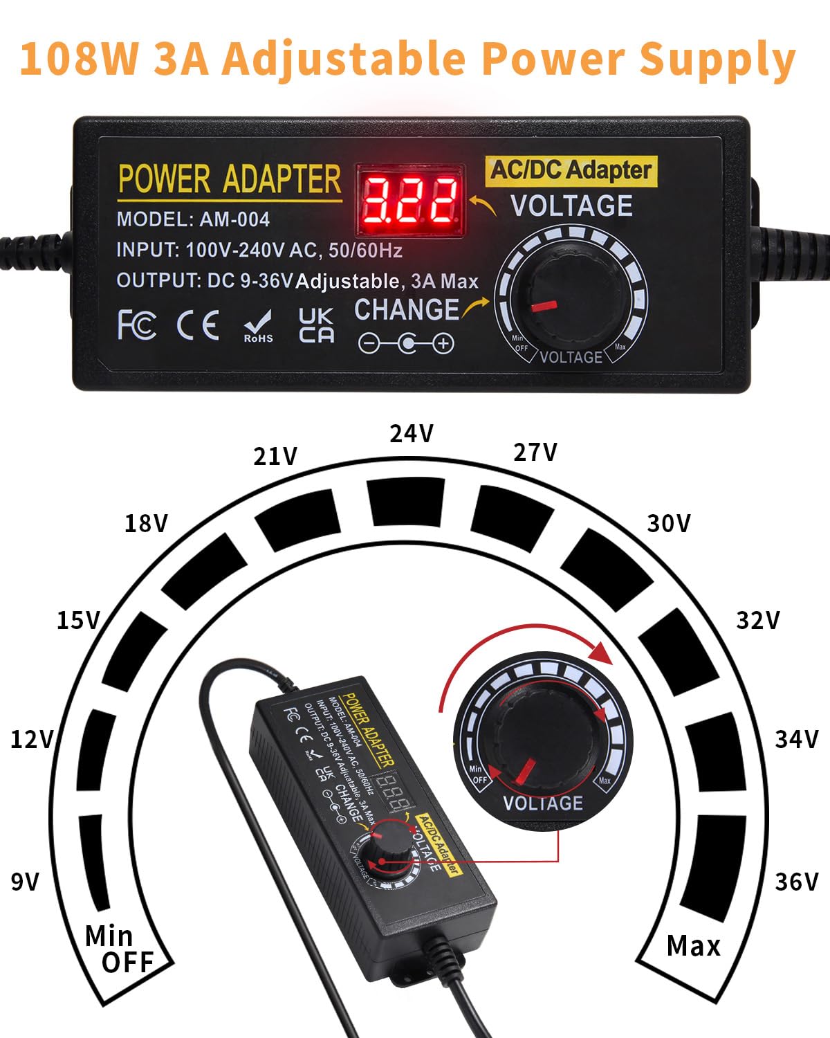 108W Universal Power Supply 9V 12V 14V 15V 16V 18V 19V 20V 24V 30V 36V Adjustable Variable AC/DC Adapter with Voltage Displays, 100V-240V AC to DC 9V~36V Converter 0.5A 1A 1.2A 1.5A 2A 2.5A 3A Max