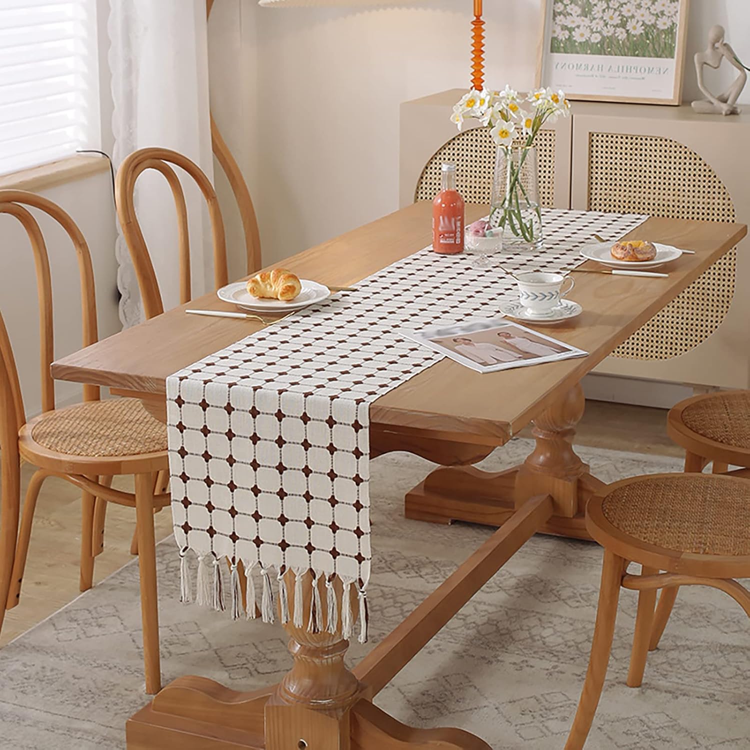 Hsvanyr Cotton Linen Table Runners Cover with Tassels Rectangle Embroidered Dresser Scarf for Kitchen Dining Coffee Table,13inch by 118inch,White Tablecloth with Coffee Brown Buffalo Plaid