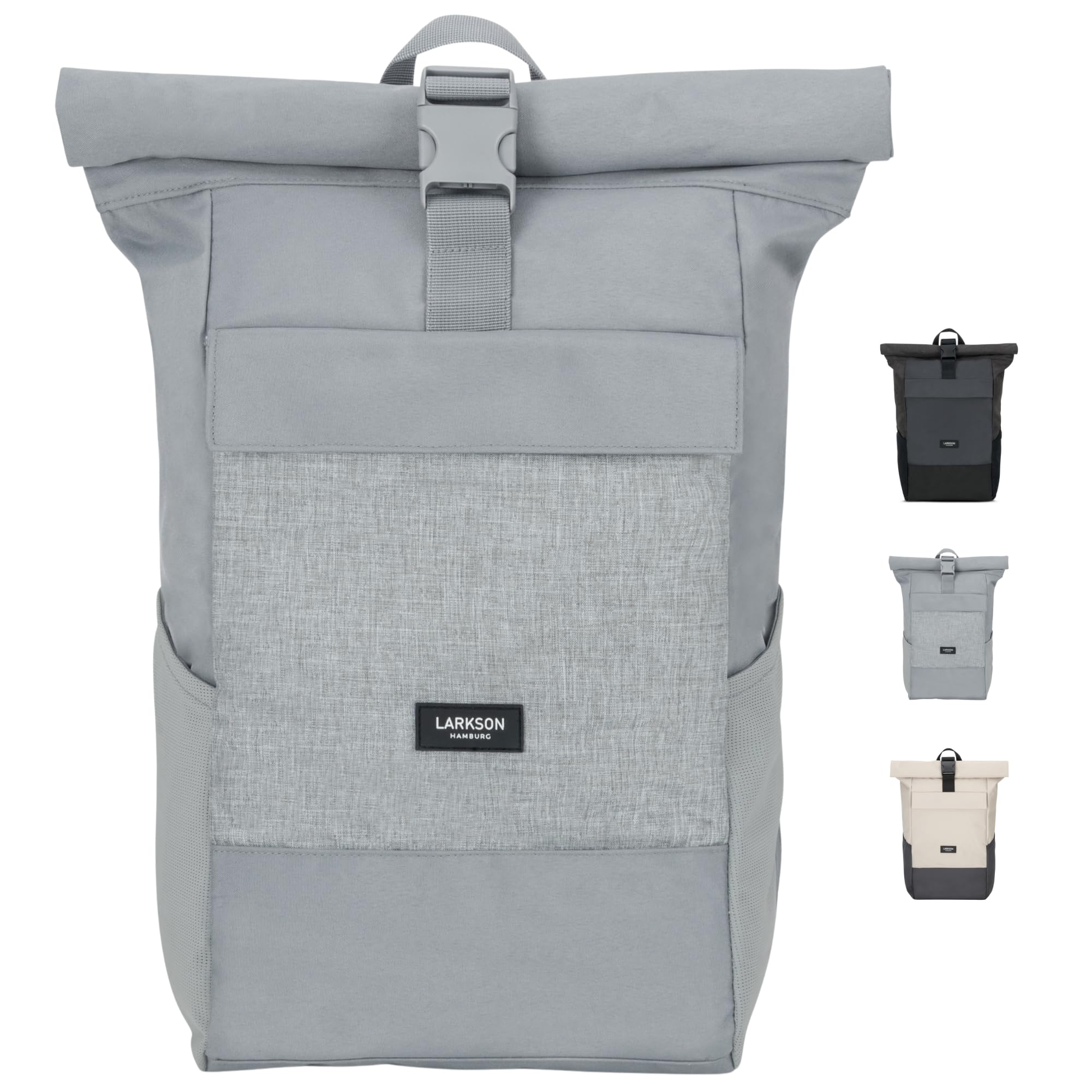 Larkson Roll Top Backpack Women & Men Grey - No 4 - Rucksack for University, School, Office - College Laptop Bag 16 Inches - Water-Repellent