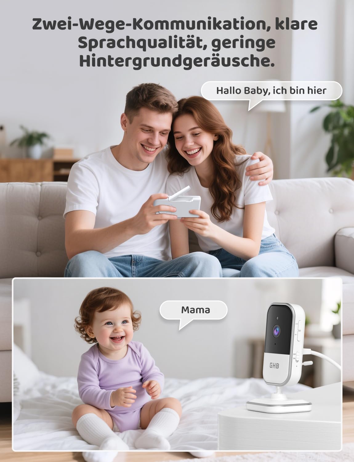 GHB Babyphone mit Kamera 5 Zoll IPS-Display 720P 5000 mAh VOX-Energiesparmodus 4X Zoom Nachtsicht Zwei-Wege-Audio Temperatursensor Nicht drehba