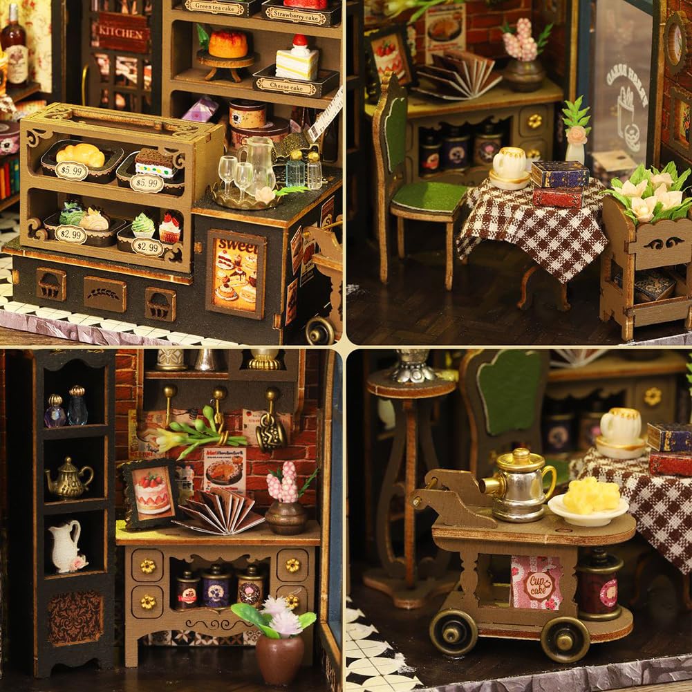 Kit puzzle 3D in legno, fai da te in miniatura casa delle bambole con luci a LED, decorazione da giardino per dessert, scaffale per libri, regalo creativo per adulti e ragazzi