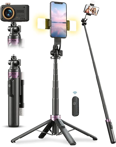 ACKIMA 53'' Selfie Stick Tripod with Light, Enhanced 4-Leg Cell Phone Stand Camera Tripod with Rechargeable Wireless Remote & 2 Fill Light, Portable Selfie Stick Travel Essentials for iPhone Android