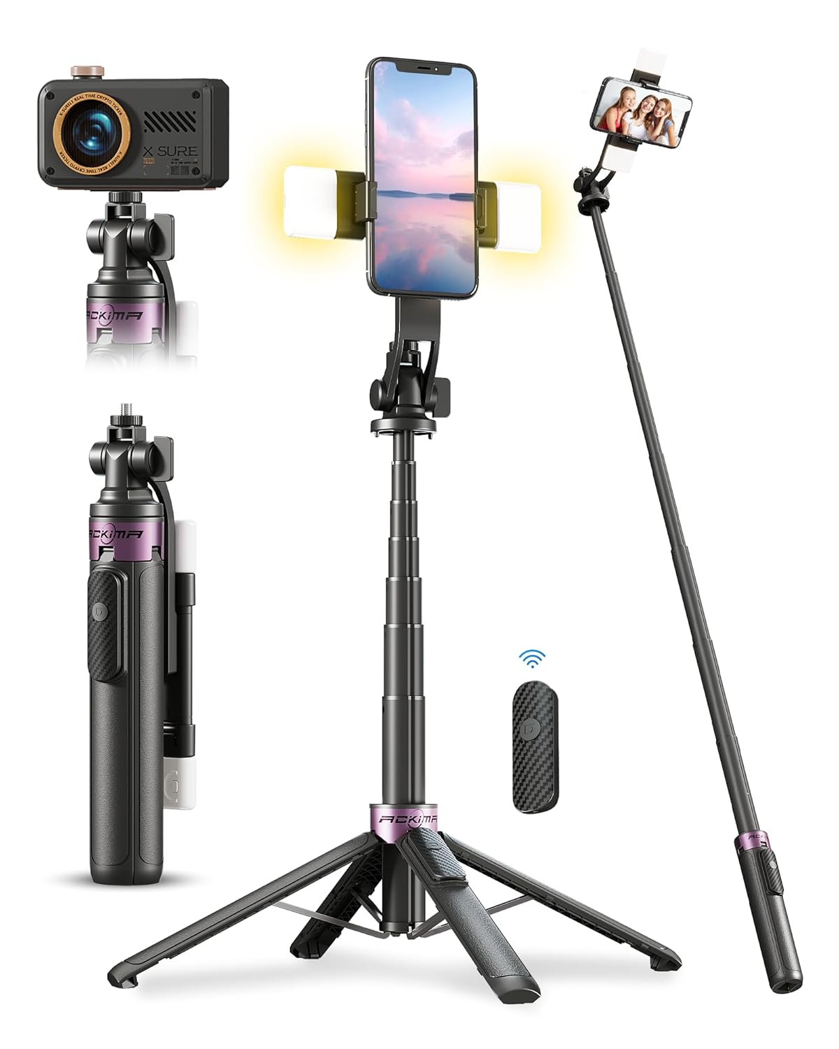 ACKIMA 53 Selfie Stick Tripod with Light Enhanced 4-Leg Cell Phone Stand Camera Tripod with Rechargeable Wireless Remote