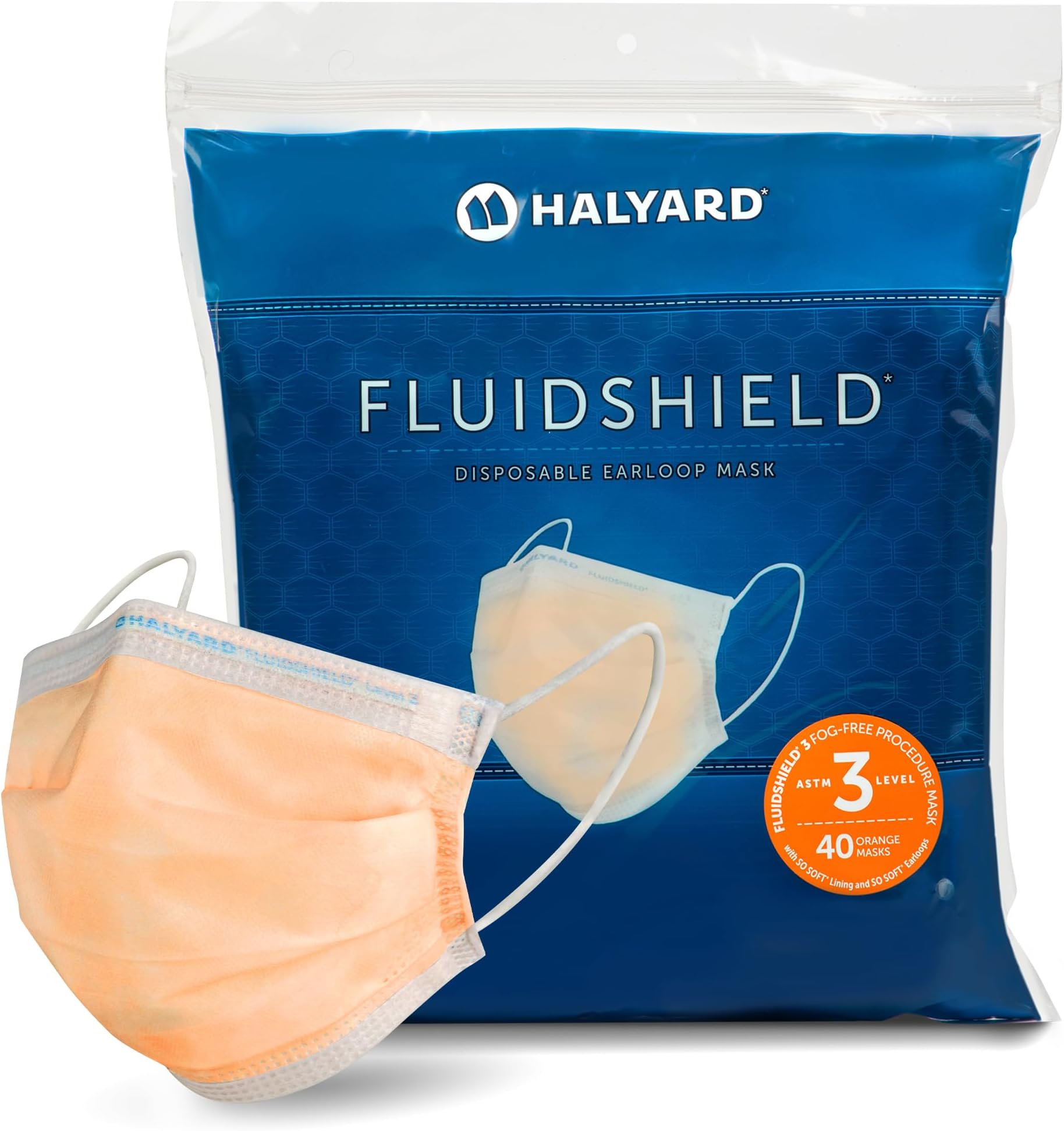 HALYARD FLUIDSHIELD Level 3 Disposable Face Mask with SO SOFT Earloop Mask, Made in the Americas, Level 3, 28797