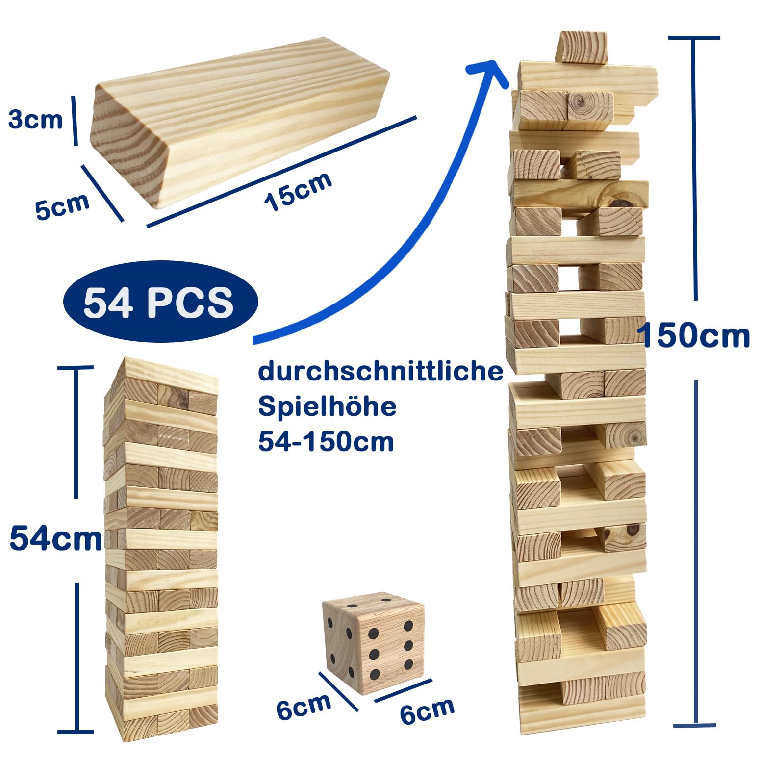 Jac & Mok Wackelturm Tumble Tower Holz Toppling Blocks Spielzeug mit Tragetasche 54 Stück