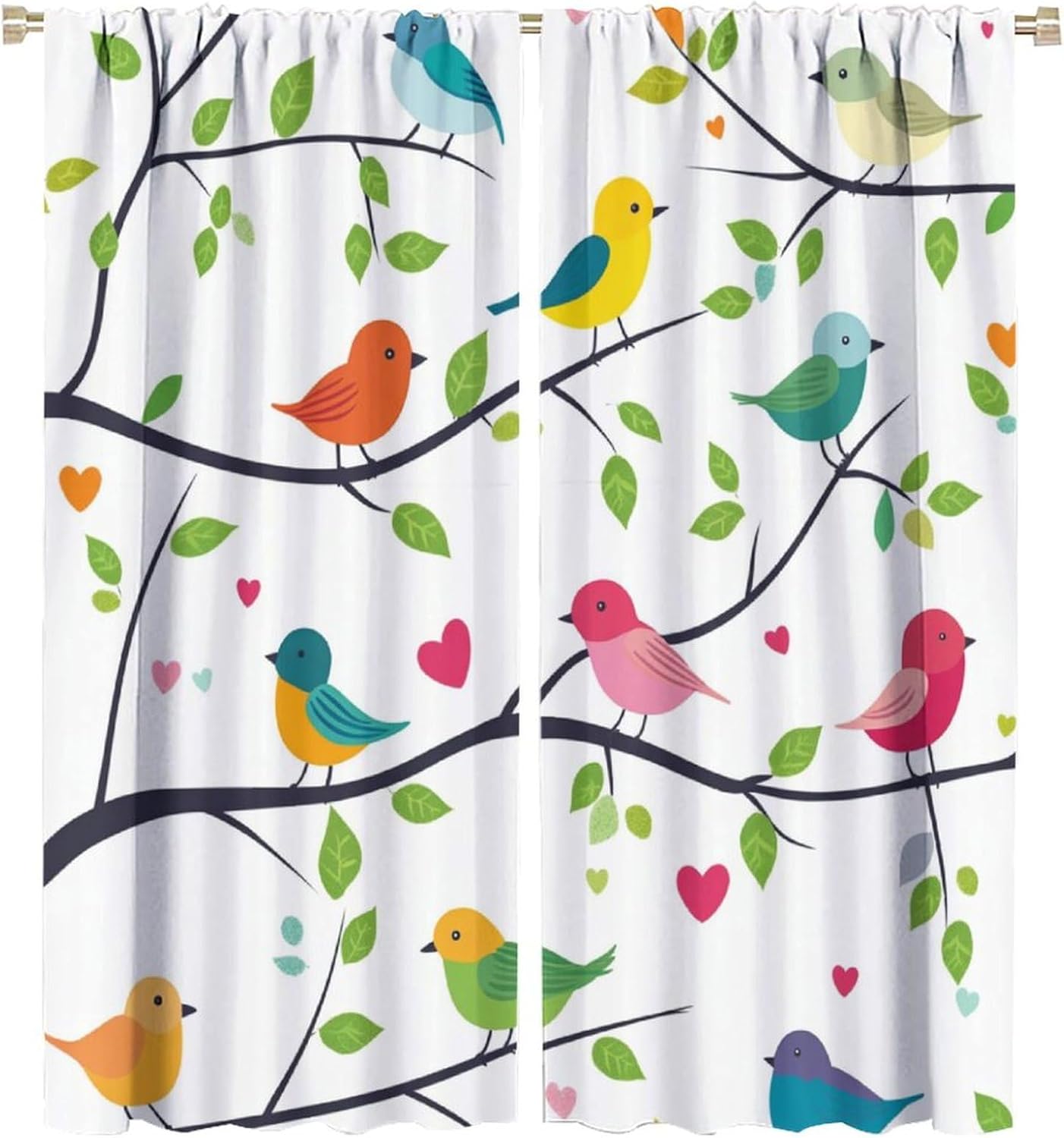 Cute Branch Bird Blackout Curtains for Bedroom/Living Room, Colorful Heart Animal Curtains Rod Pocket Thermal Insulated Window Drapes, 21W x 45L, 2 Panels
