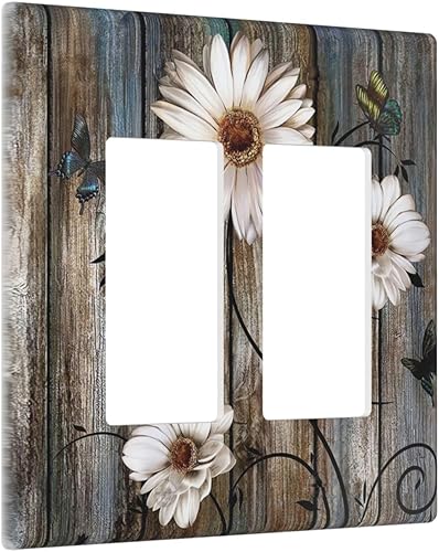 Miniatura 2 de Ukutarly Cubierta de interruptor de luz basculante doble de madera rústica, mariposa, margarita, 2 cuadras, placa de pared vintage eléctrica, placa