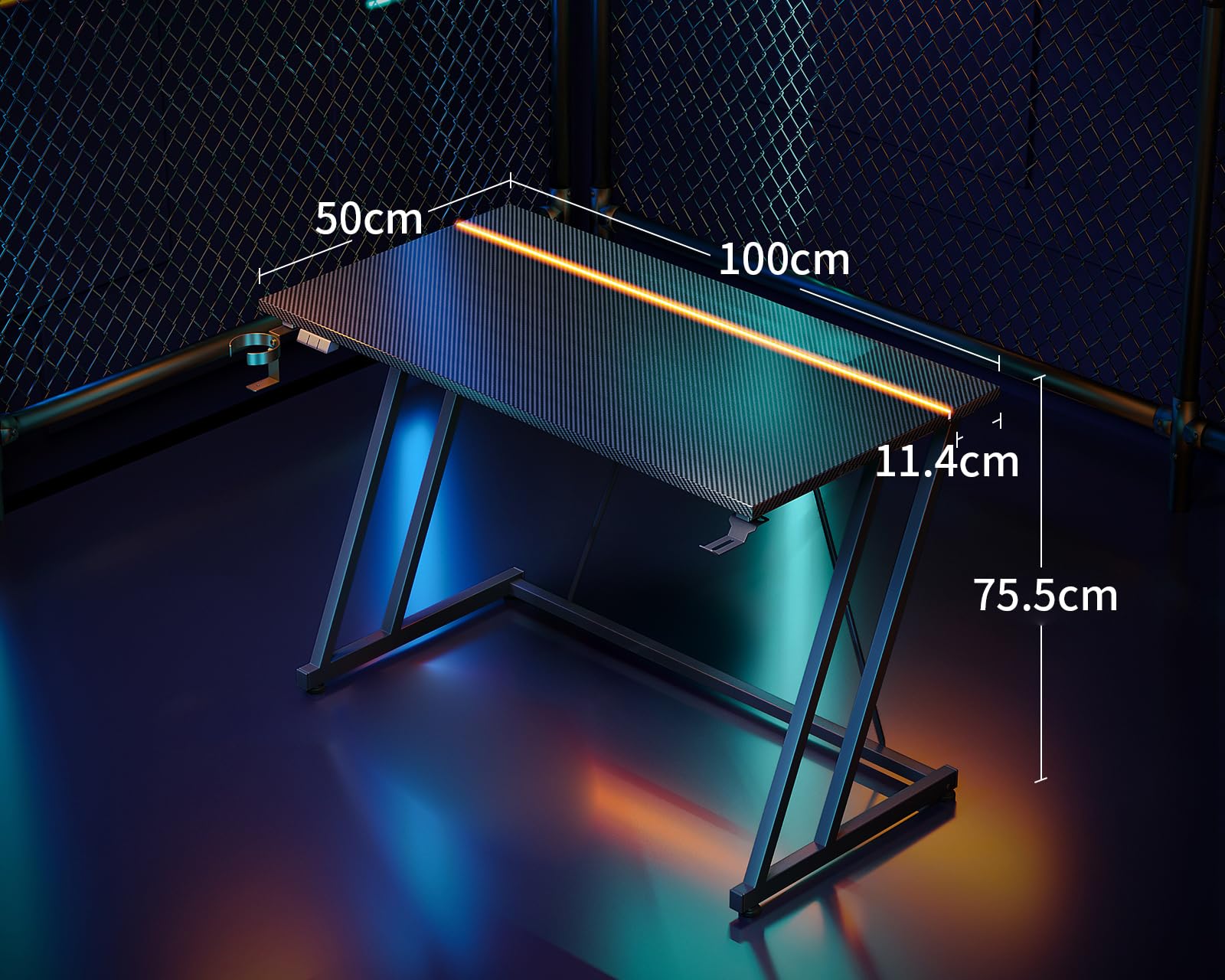ODK Kleiner Gaming Tisch mit LED, 100×50 cm, Carbon Fiber Schwarz | Gaming Schreibtisch mit Becherhalter und Kopfhörerhaken, Doppel-Z-Rahmen-Design, Platzsparend, für Kleine Räume