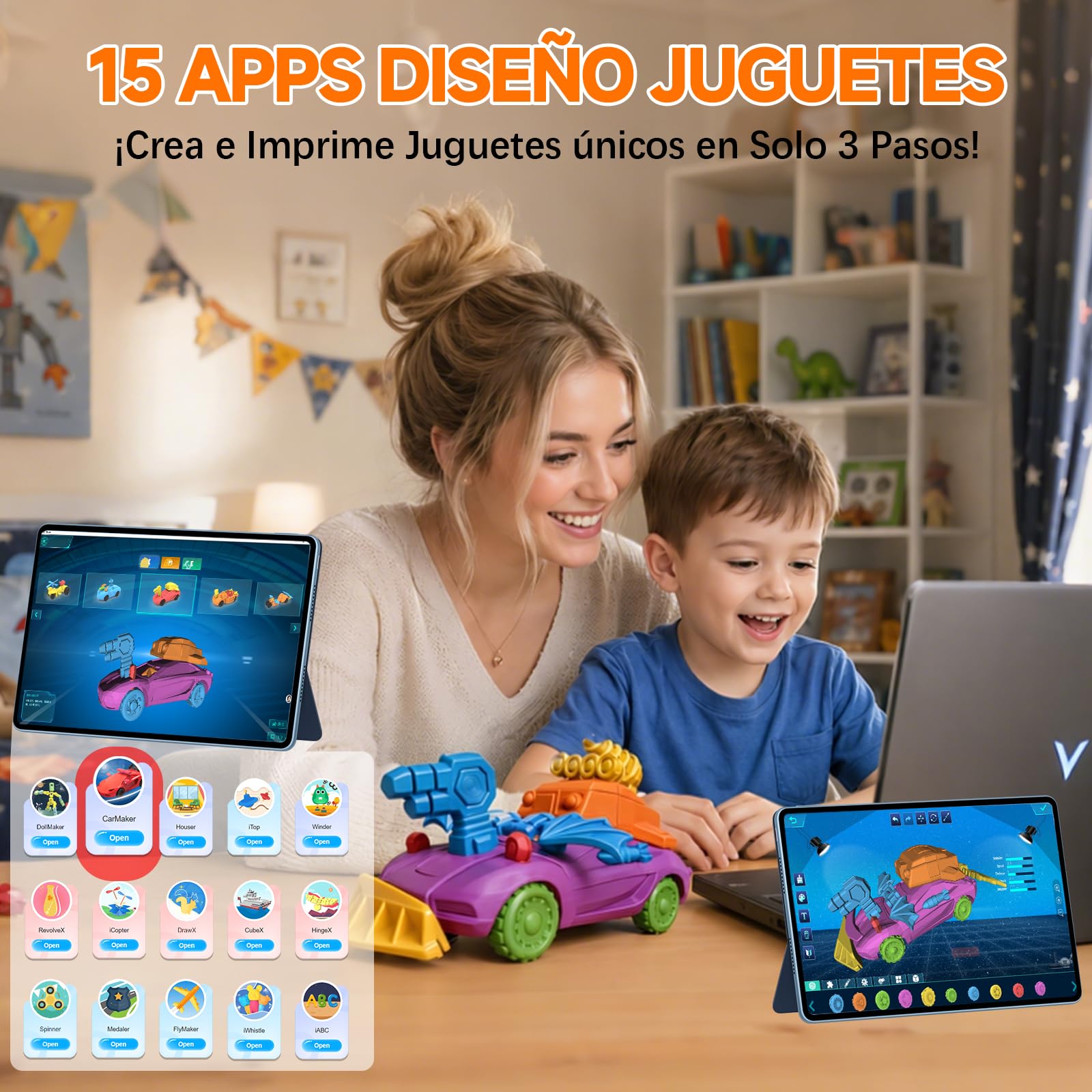 KI-gestützter 3D-Drucker, 3D-Drucker mit 8 PLA-Filament-Set, KI Design-App, umfangreiche Sammlung an 3D-Kreativvorlagen, mit 16+ Mini-3D-Designmodulen, App&WiFi-Steuerung,vollständig geschlossene