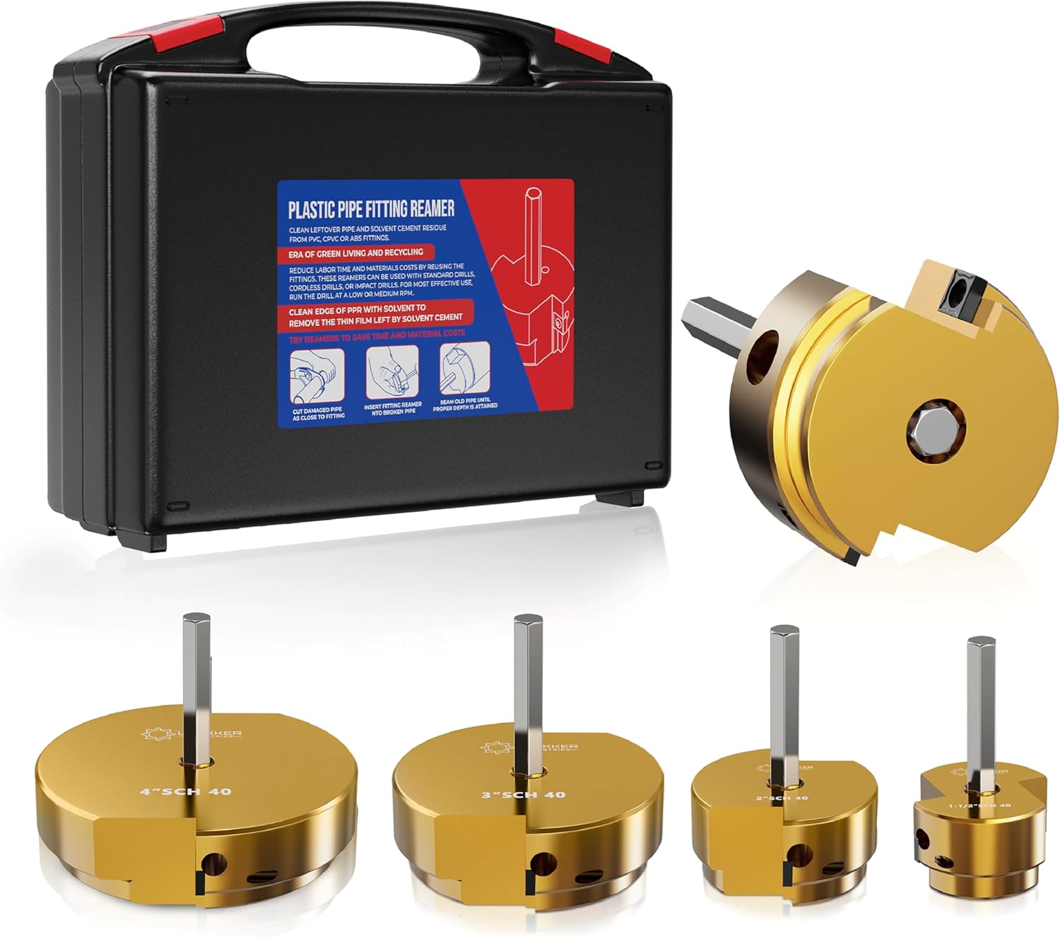 Balanced Dual Blade PVC Pipe Reamer Kit 4pcs (1-1/2inch, 2inch, 3inch, 4inch) PVC Socket Saver Kit, Hub Saver Plumbing Kit Fits into 1/2" Drill for Exhaust, Drain, Water Pipes