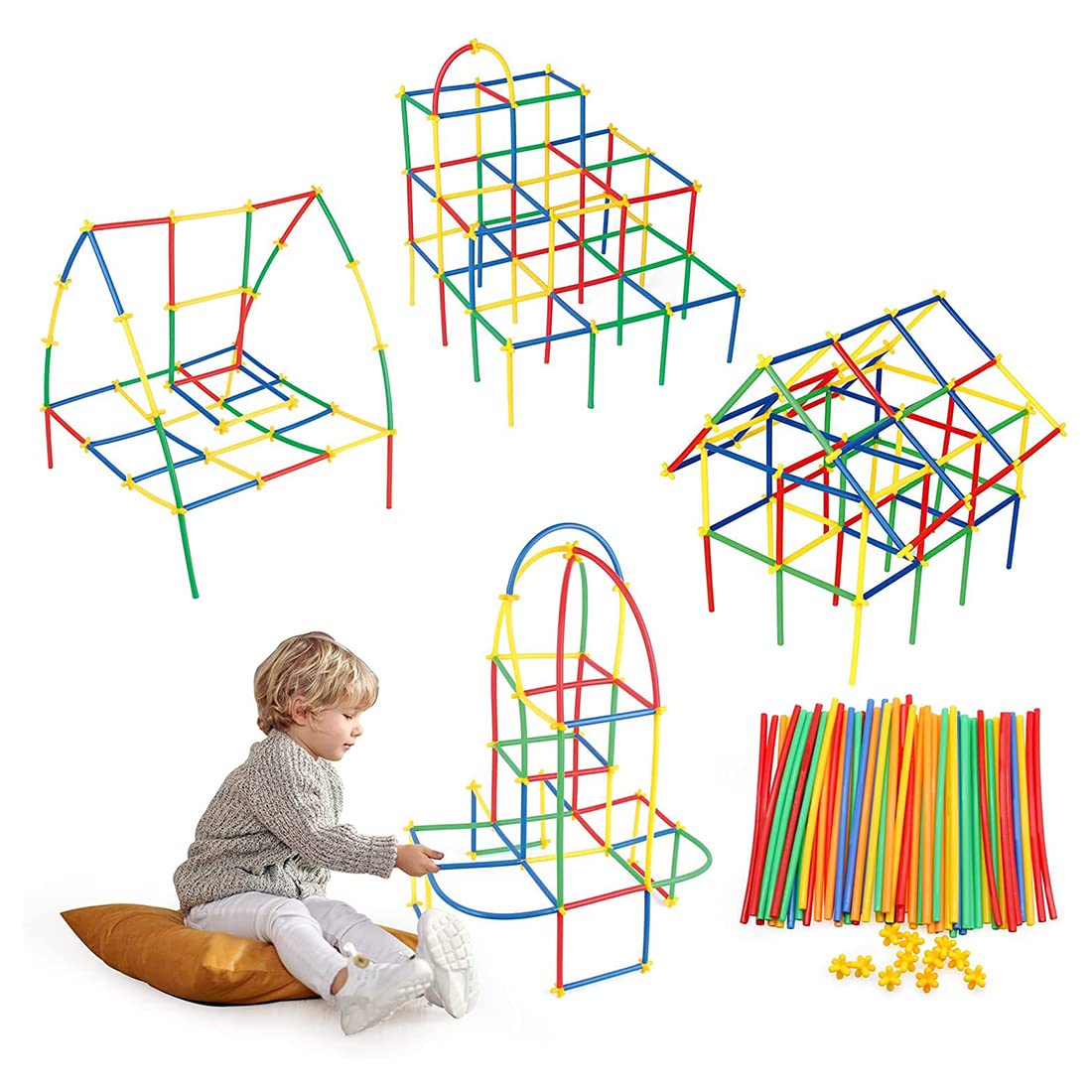 NHR Creative Puzzle Block 90 Pieces DIY Colorful Pipe Straw Stick Building Block Educational Assembly Toy for Kids, Bricks for Kids (3+ Years)