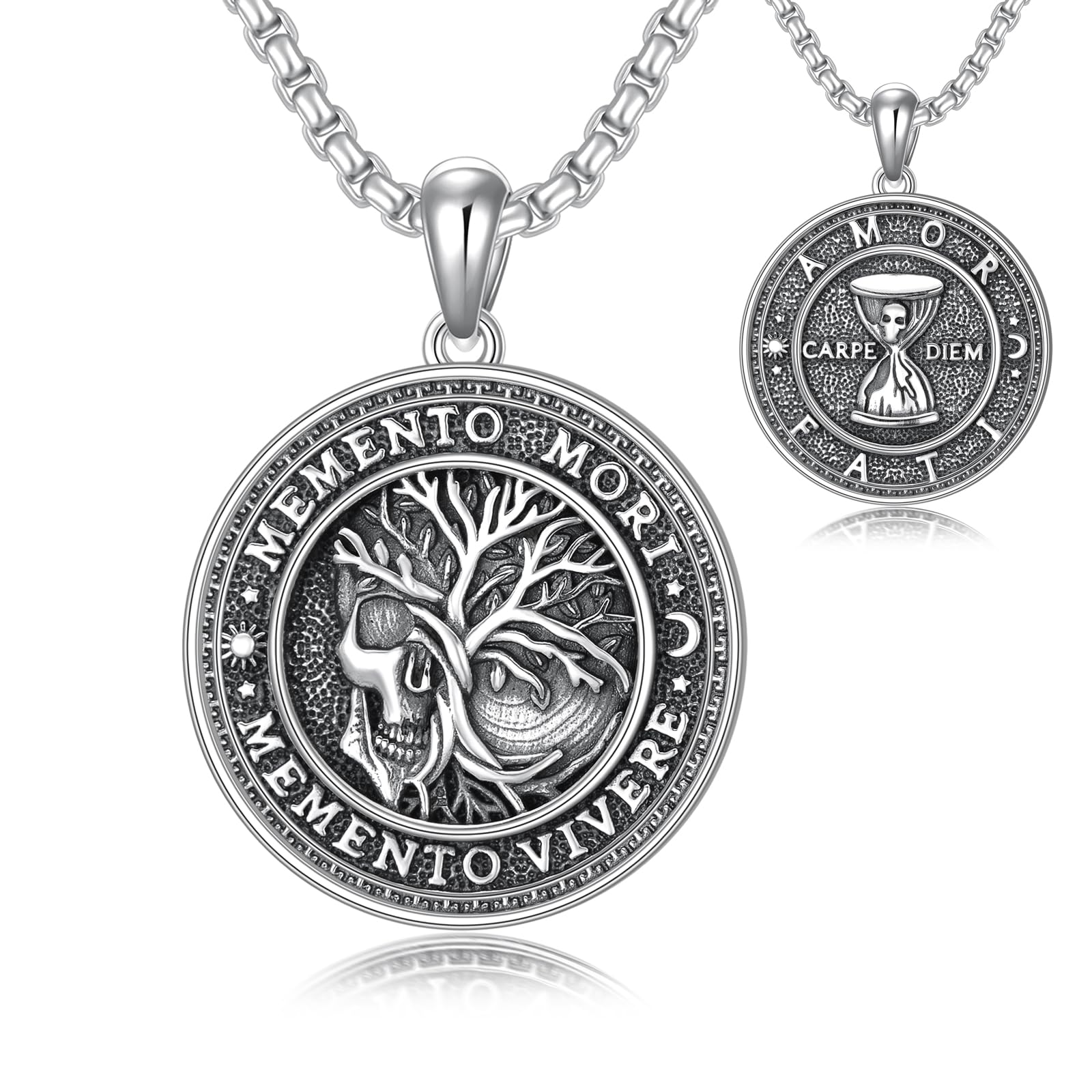 Memento Mori Halskette für Herren 925 Sterlingsilber Memento Mori Anhänger Lebensbaum Totenkopf Amulett Schmuck Geschenke 55,9 cm + 5,1 cm Edelstahl Kette