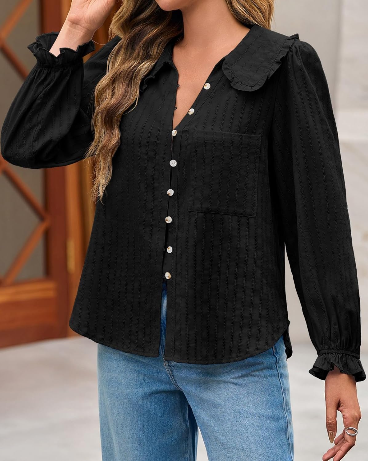 Tankaneo Womens Peter Pan Collar Shirts Puff Long Sleeve Button Down Cotton Blouse Casual Fall Textured Tops - Image 5