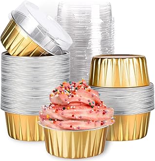 Mini Aluminum Foil Cupcake Baking Cups with Lids (40pcs, 5oz) Round Cupcake Foil Liners Tart Pie Tin Pan Holder - Disposable Mini Cake Containers Flan Molds for Pudding, Souffle, Party, Wedding