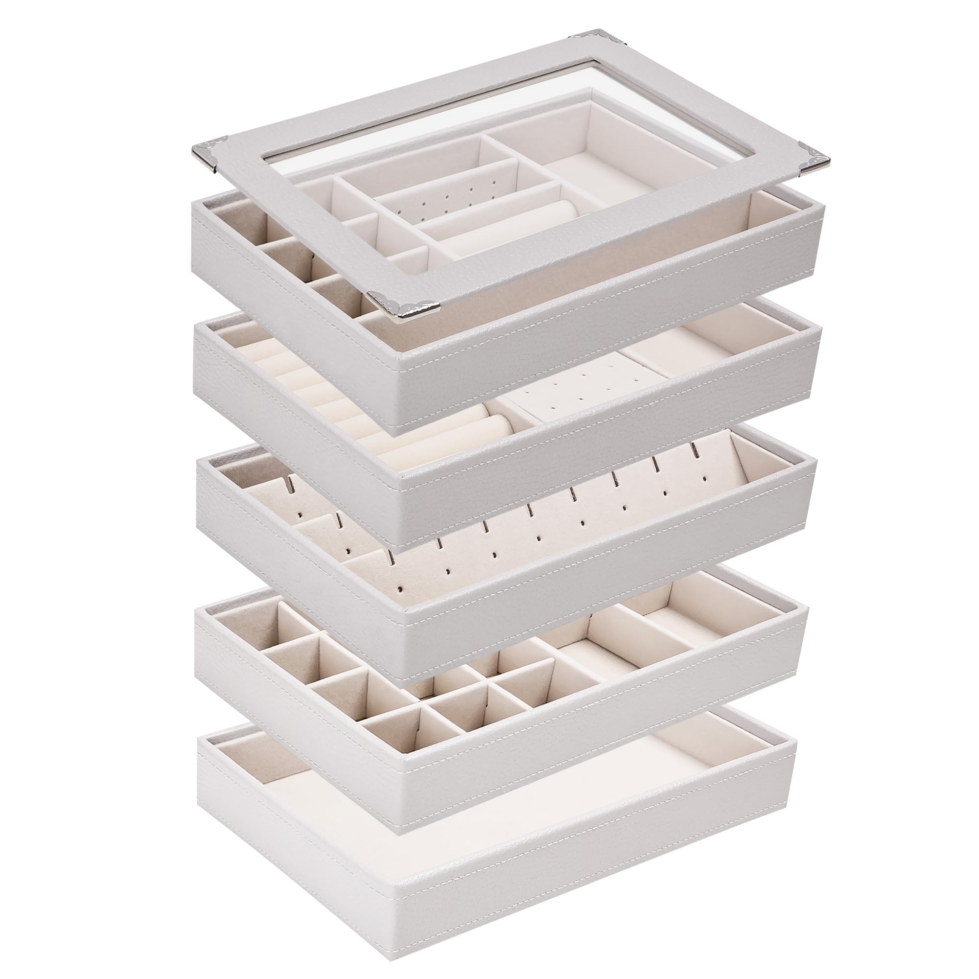 Bandeja organizadora de joyas apilable de 5 capas con tapa transparente, bandeja de exhibición de joyas para cajón, joyero grande para tocador (gris claro, Cinco capas de tapa de separación)