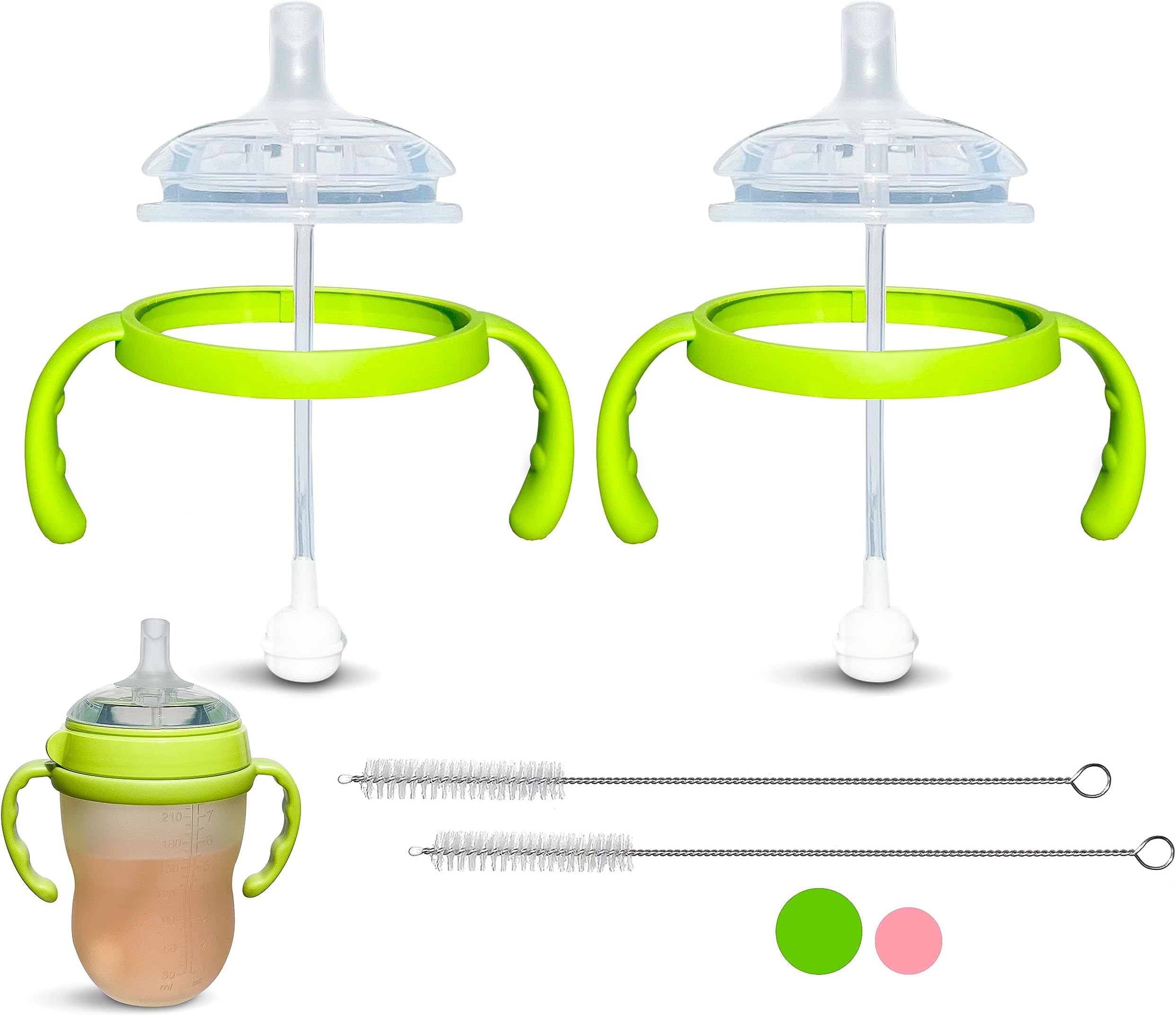 Straw Cup Conversion Kit for Comotomo Baby Bottles (2-Pack) | with Weighted Straw, Bottle Handles and Cleaning Brush | BPA-Free | Spill-Proof (Straw Top)