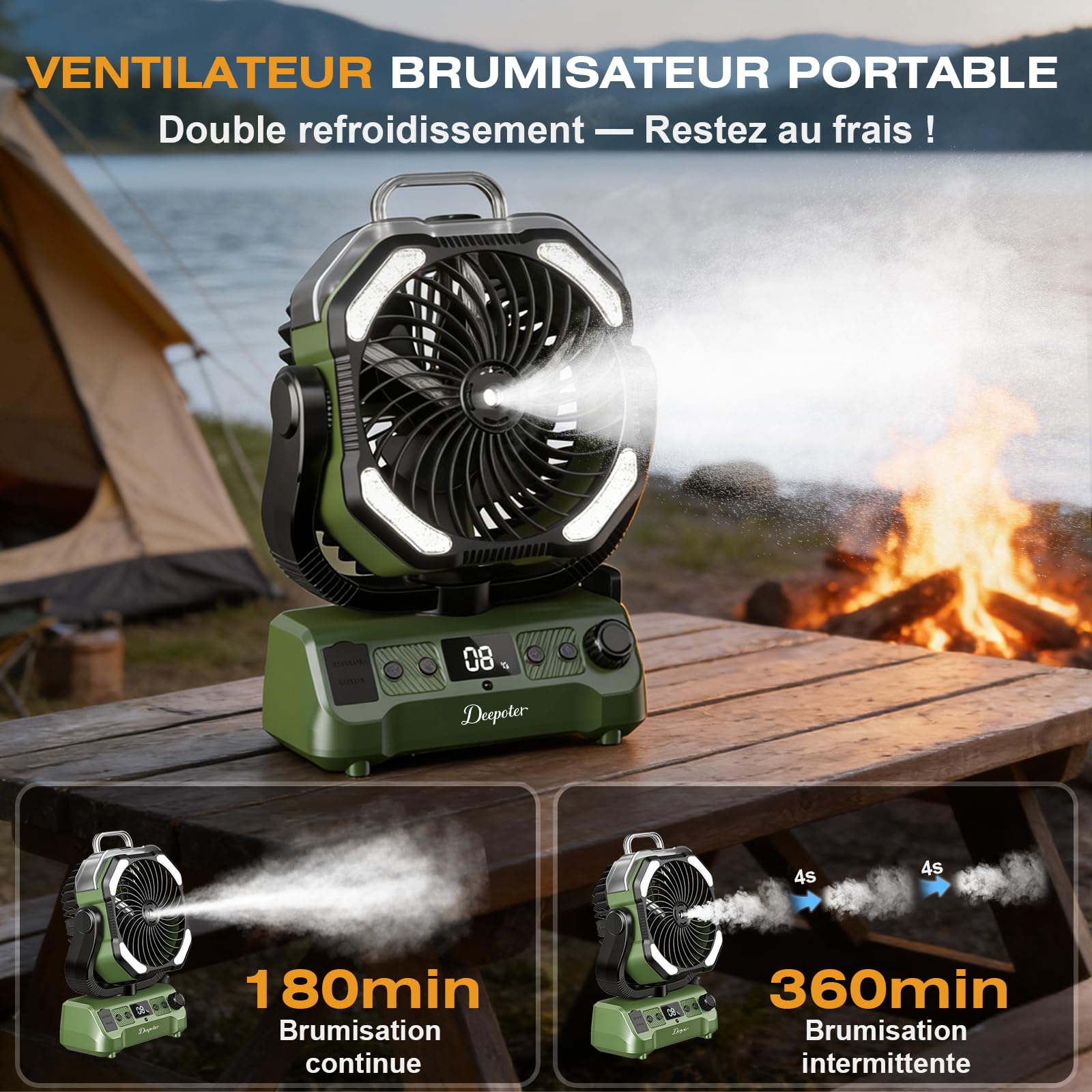 Ventilateur Camping Silencieux avec Lumière, Ventilateur Sans Fil Portable, Mist Fan Batterie Rechargeable 20000mAh avec Rotation et Minuterie, Crochet de Suspension pour Car Extérieur Bureau - Vert