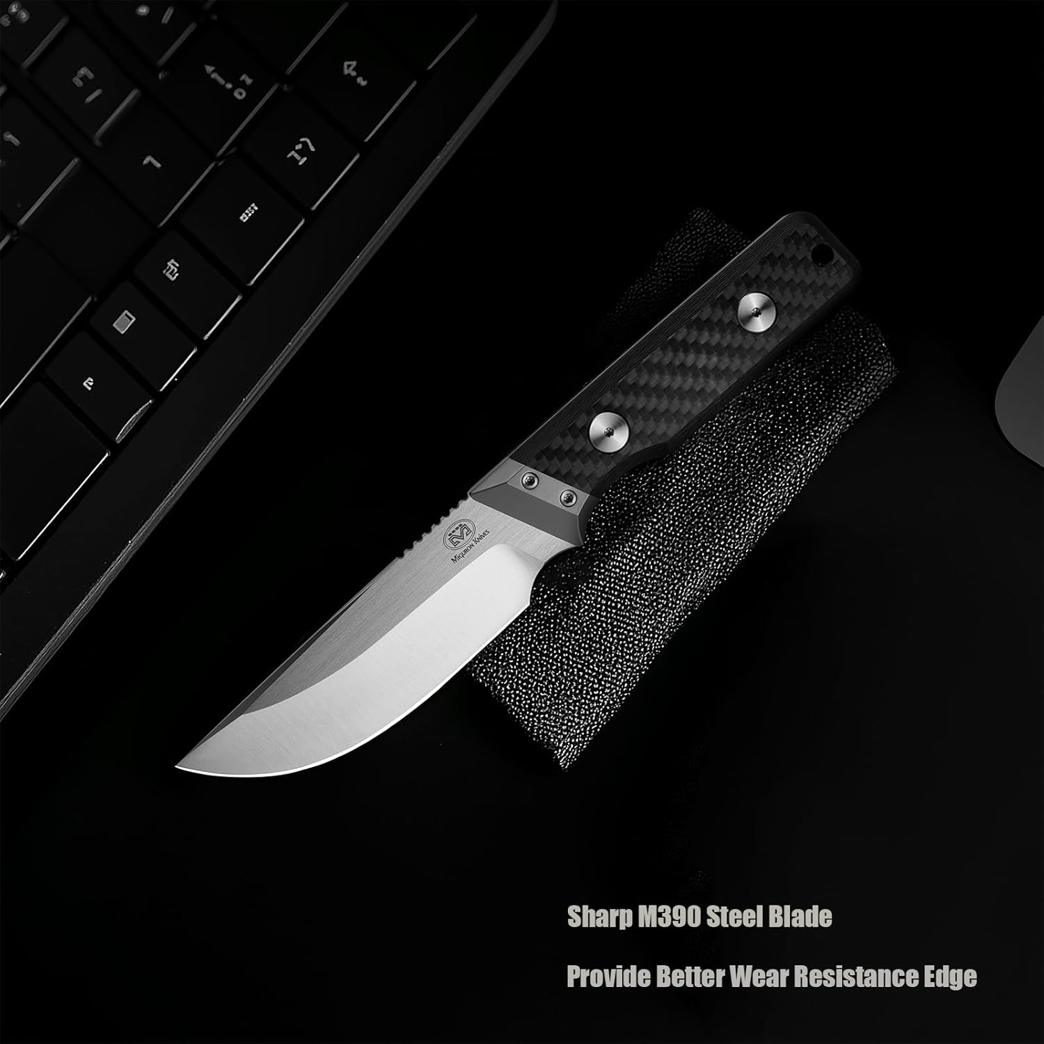 M Miguron Knives Kramot Fixed Blade Knife 3.81" Satin Hollow Grind M390 Blade Titanium And Carbon Fiber Handle Outdoor Camping Hiking Knife MGR301CBK